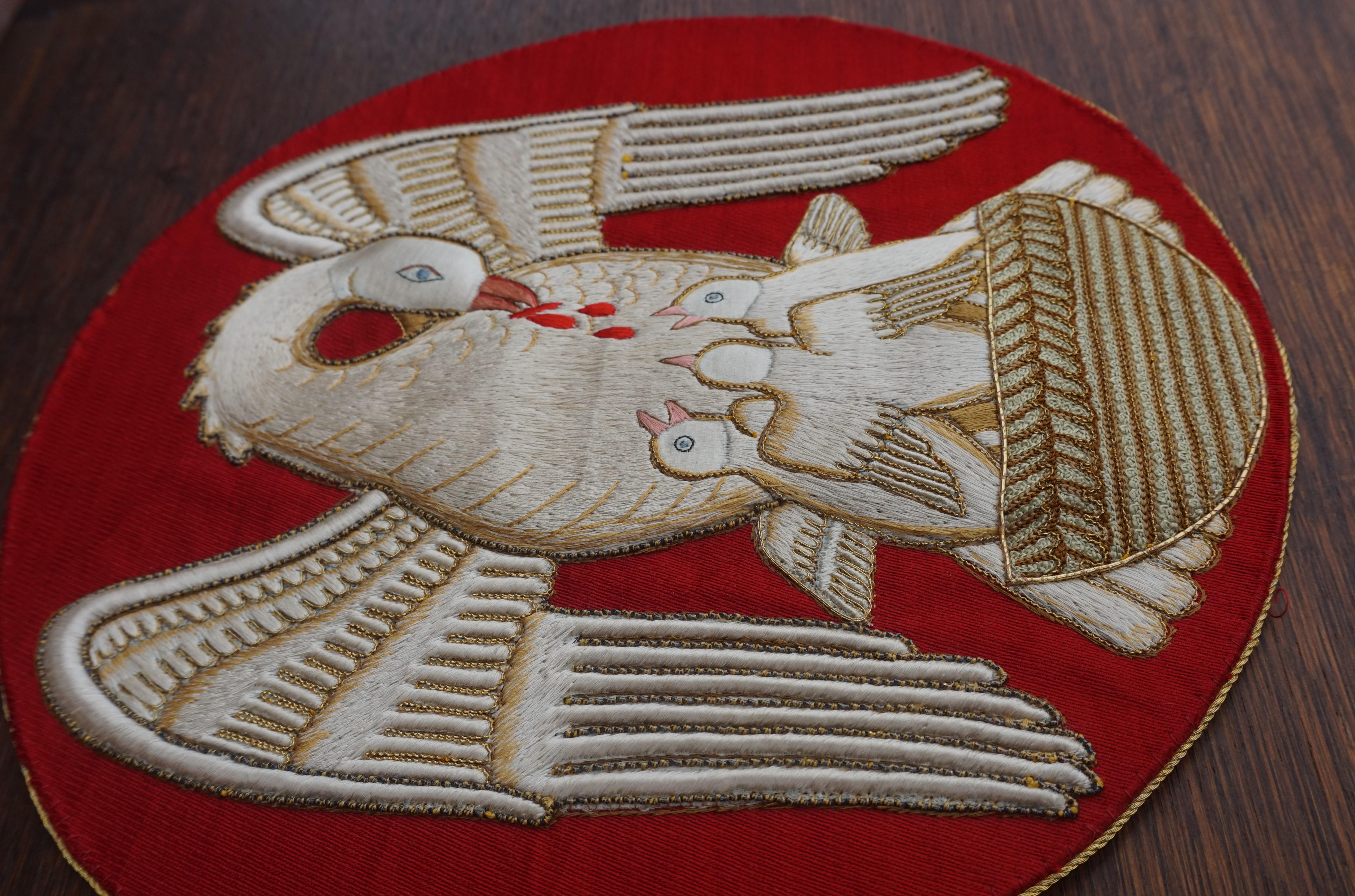 20th Century Hand Embroidered Gothic Revival, Bleeding & Babies Feeding Pelican Christ Symbol For Sale