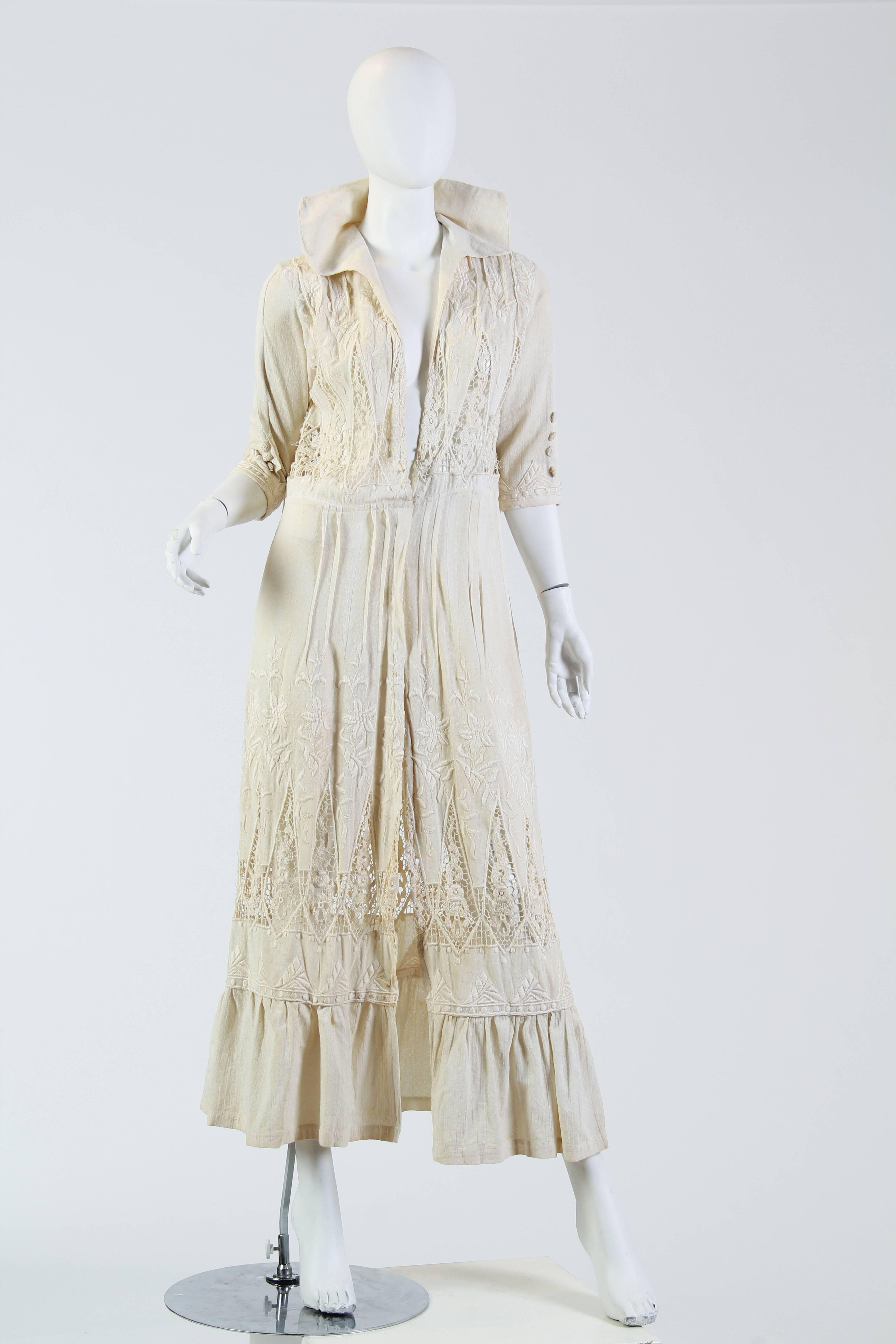 Beige Hand Embroidered Handmade Lace Cotton, Silk Edwardian DressDuster