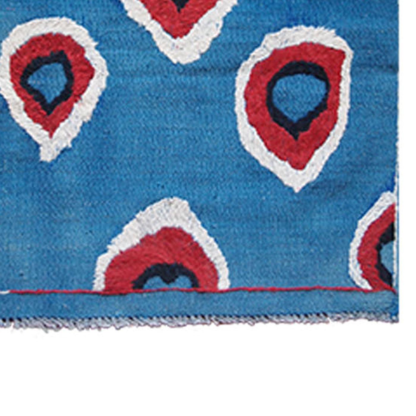 Hand Embroidered Ikat Kilim in Blue Red and White In New Condition In Milan, IT