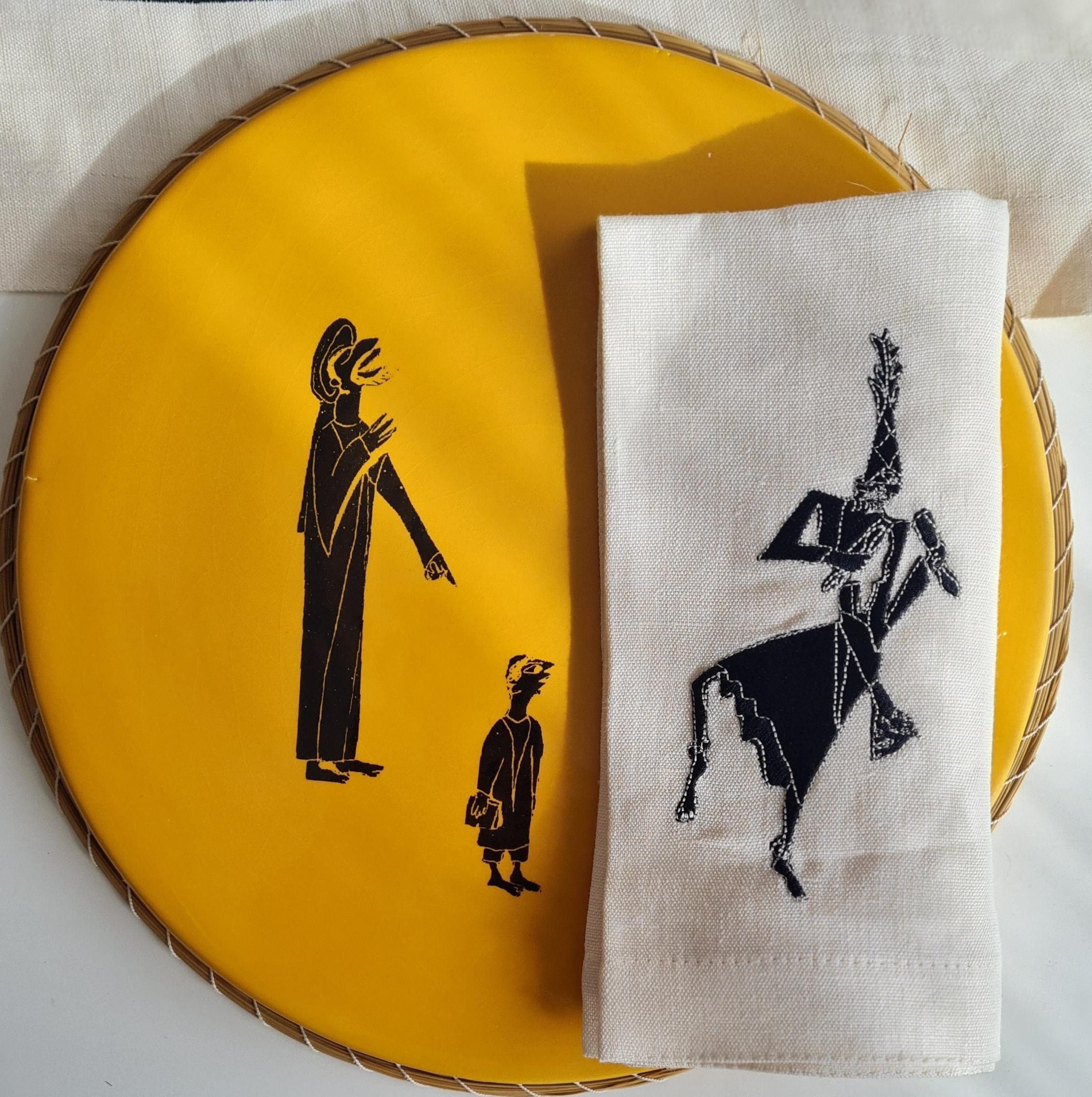 Moderne Serviette de table en lin brodée à la main 