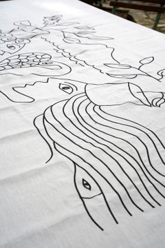 Hand-Embroidered Linen Tablecloth, 5' x 8', A Tunisian Heritage Masterpiece