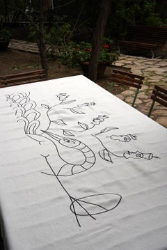 Hand-Embroidered Linen Tablecloth, A Tunisian Heritage Masterpiece, 5' x 8'.