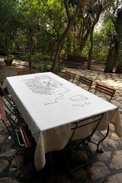 Hand-Embroidered Linen Tablecloth, A Tunisian Heritage Masterpiece, 5' x 8'.