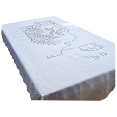 Hand-Embroidered Linen Tablecloth, A Tunisian Heritage Masterpiece, 5' x 8'.