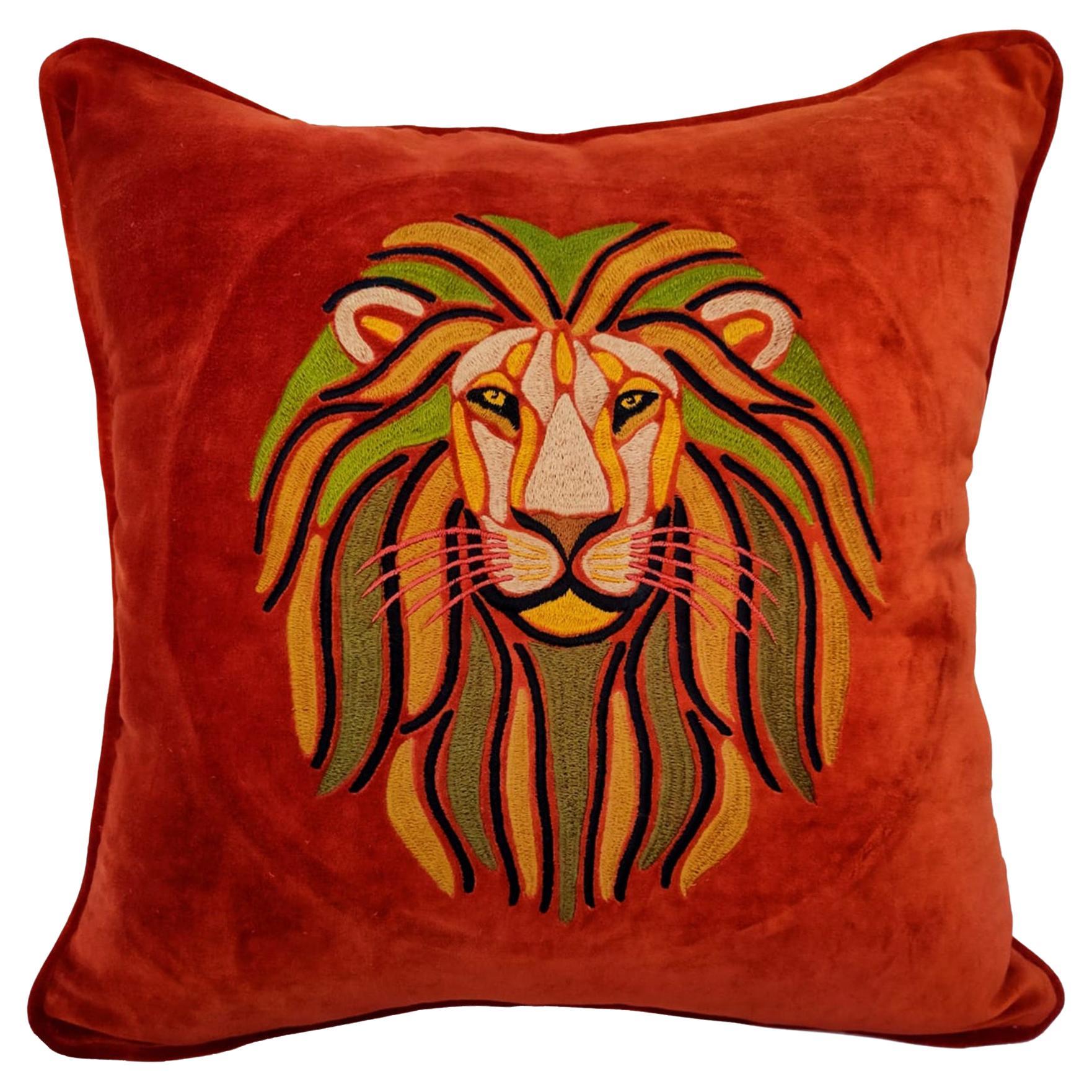 Hand Embroidered Lion pillow  For Sale