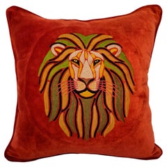 Hand-Embroidered Velvet Pillow - Lion
