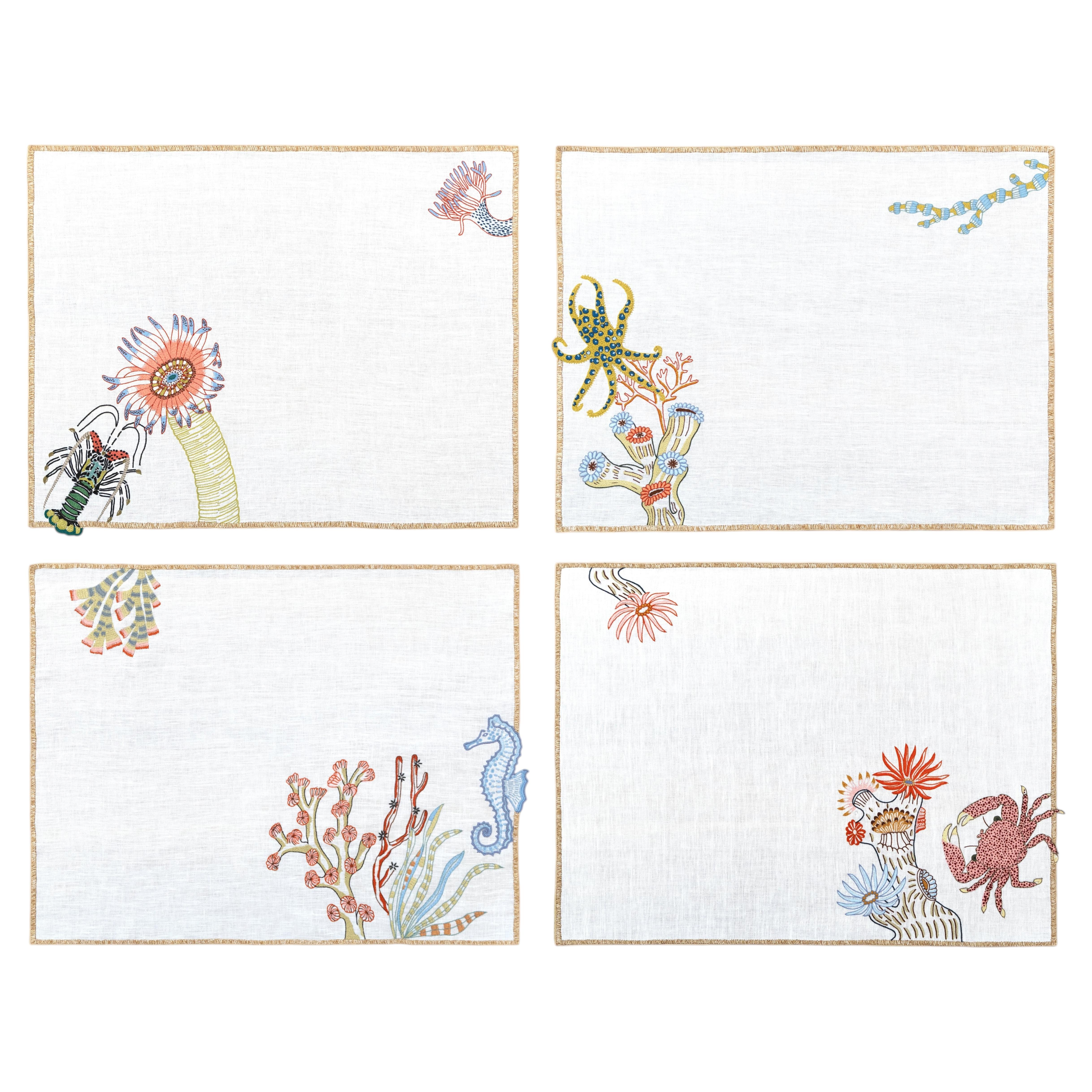 Hand Embroidered Marine Life Placemats 14" × 18" (Set of 4)
