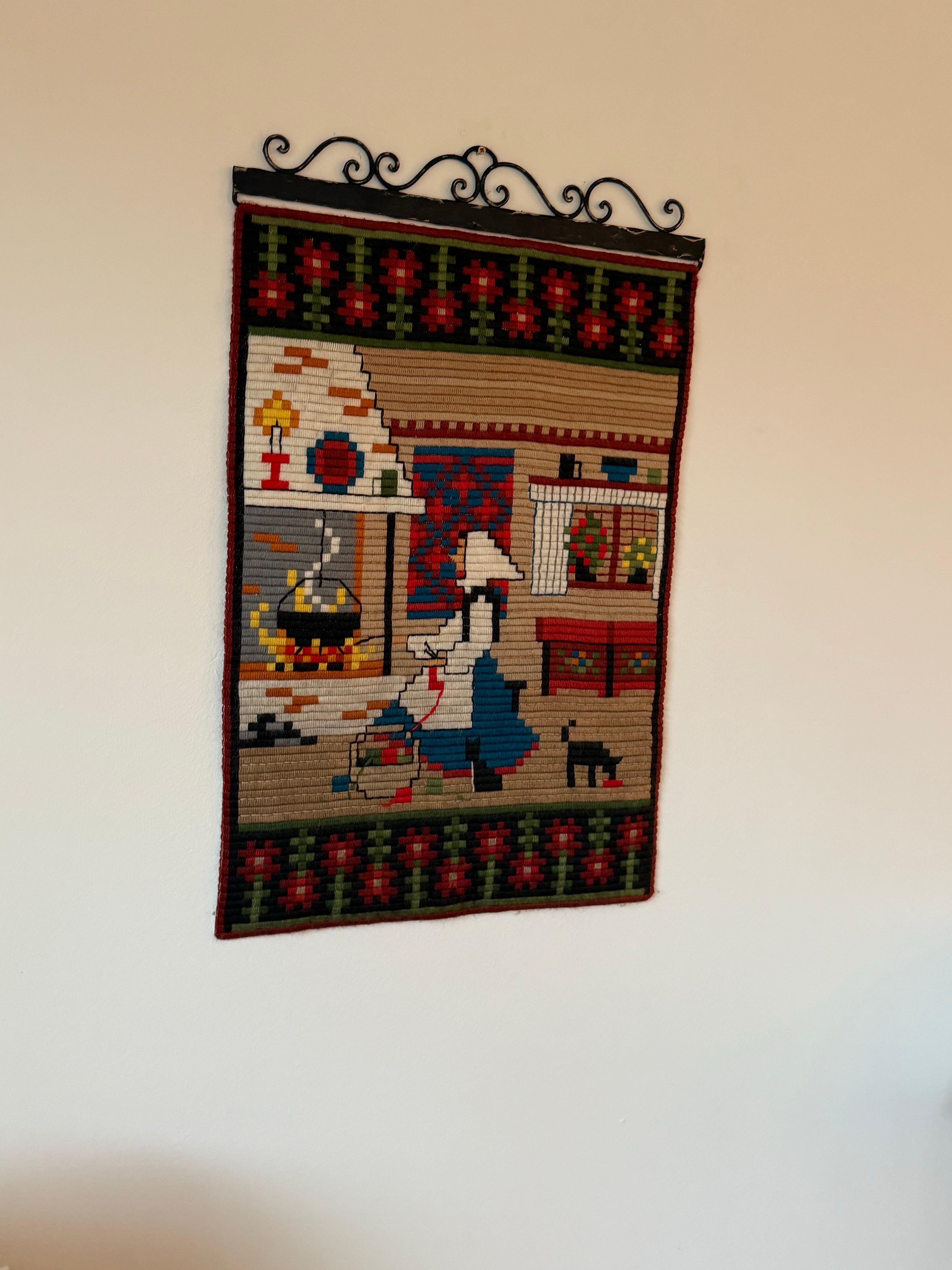 Wool Hand Embroidered Norwegian Wall Tapestry, Traditional Folk Art, Norway 1960s For Sale