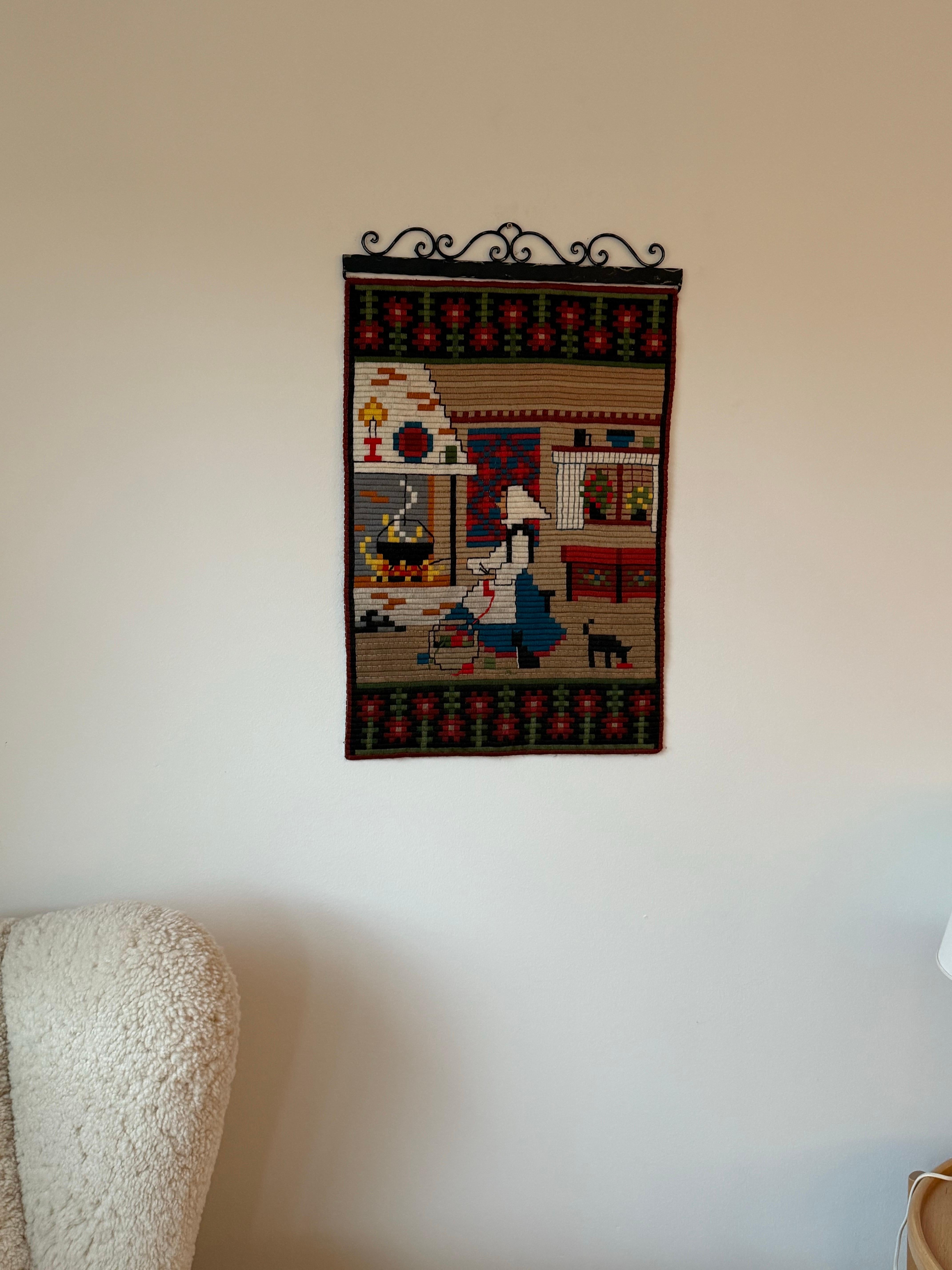 Hand Embroidered Norwegian Wall Tapestry, Traditional Folk Art, Norway 1960s For Sale 1