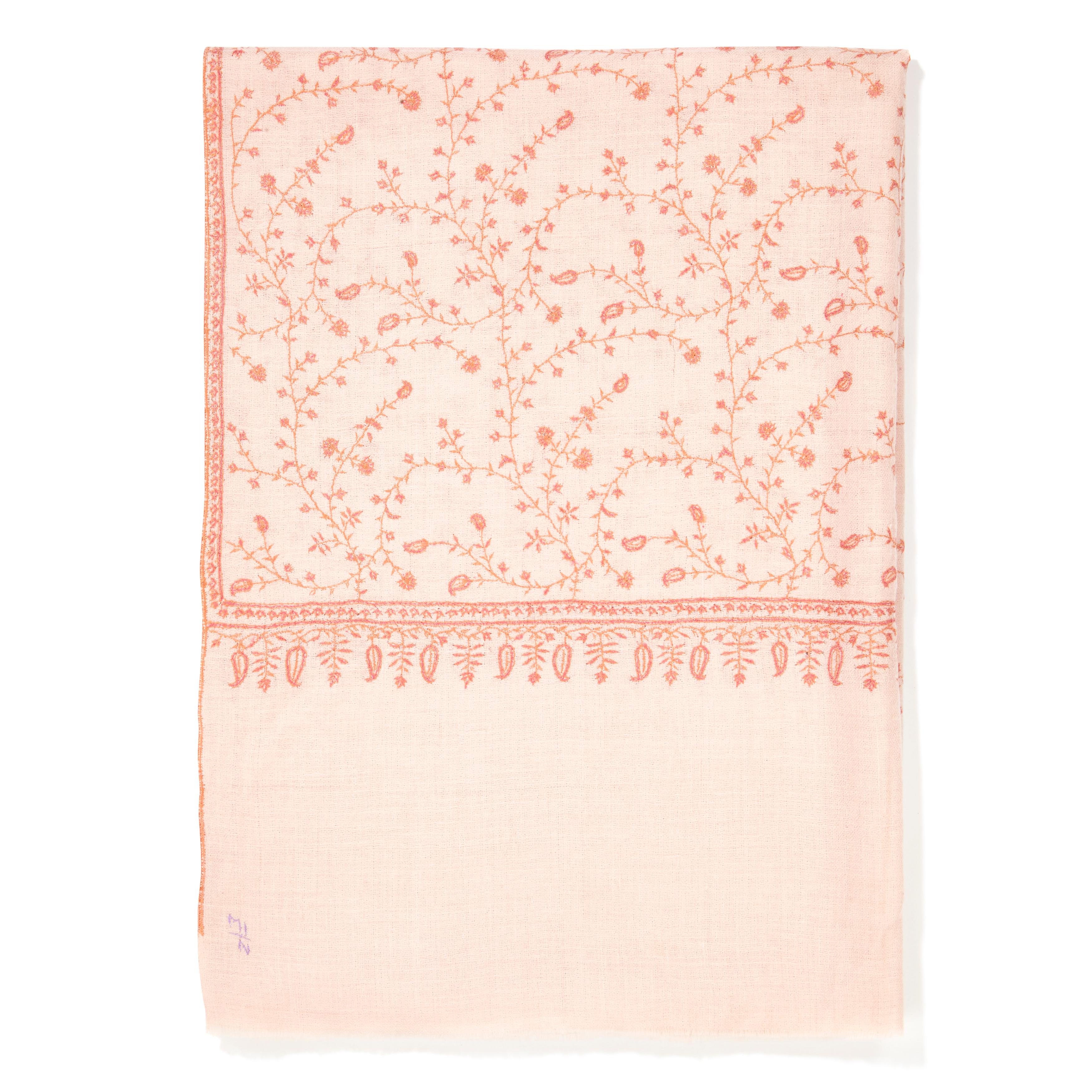 Hand Embroidered Pale Pink 100% Cashmere Shawl Scarf from Kashmir 

The perfect Christmas gift for someone special - this shawl is a unique one of a kind piece and handmade. 
Verheyen London’s shawl is spun from the finest embroidered woven cashmere