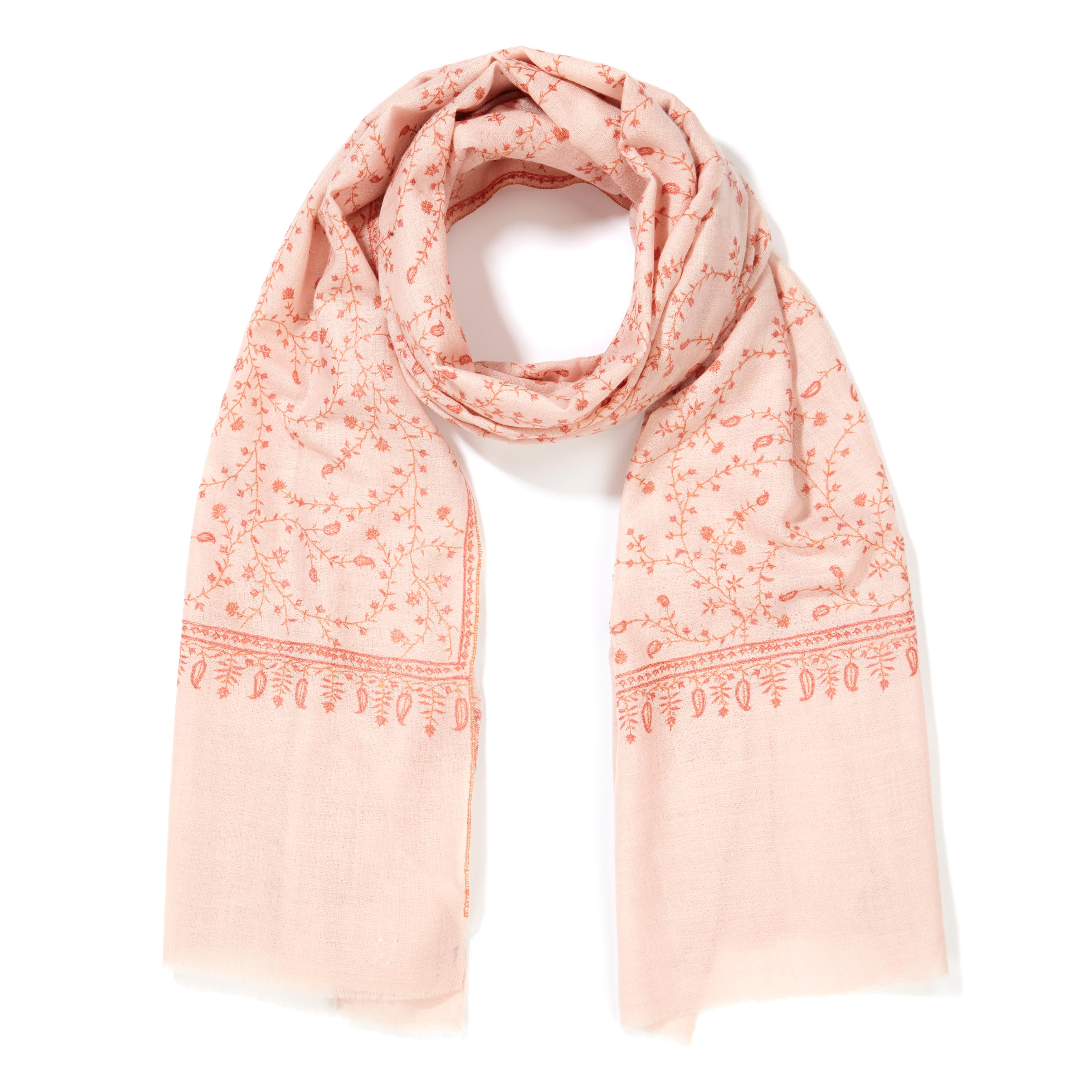 Orange Hand Embroidered Pale Pink 100% Cashmere Shawl Scarf from Kashmir  For Sale