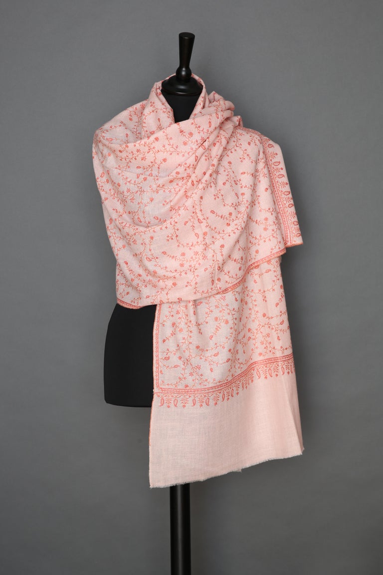 Women's or Men's Hand Embroidered Pale Pink 100% Cashmere Shawl Scarf from Kashmir  For Sale