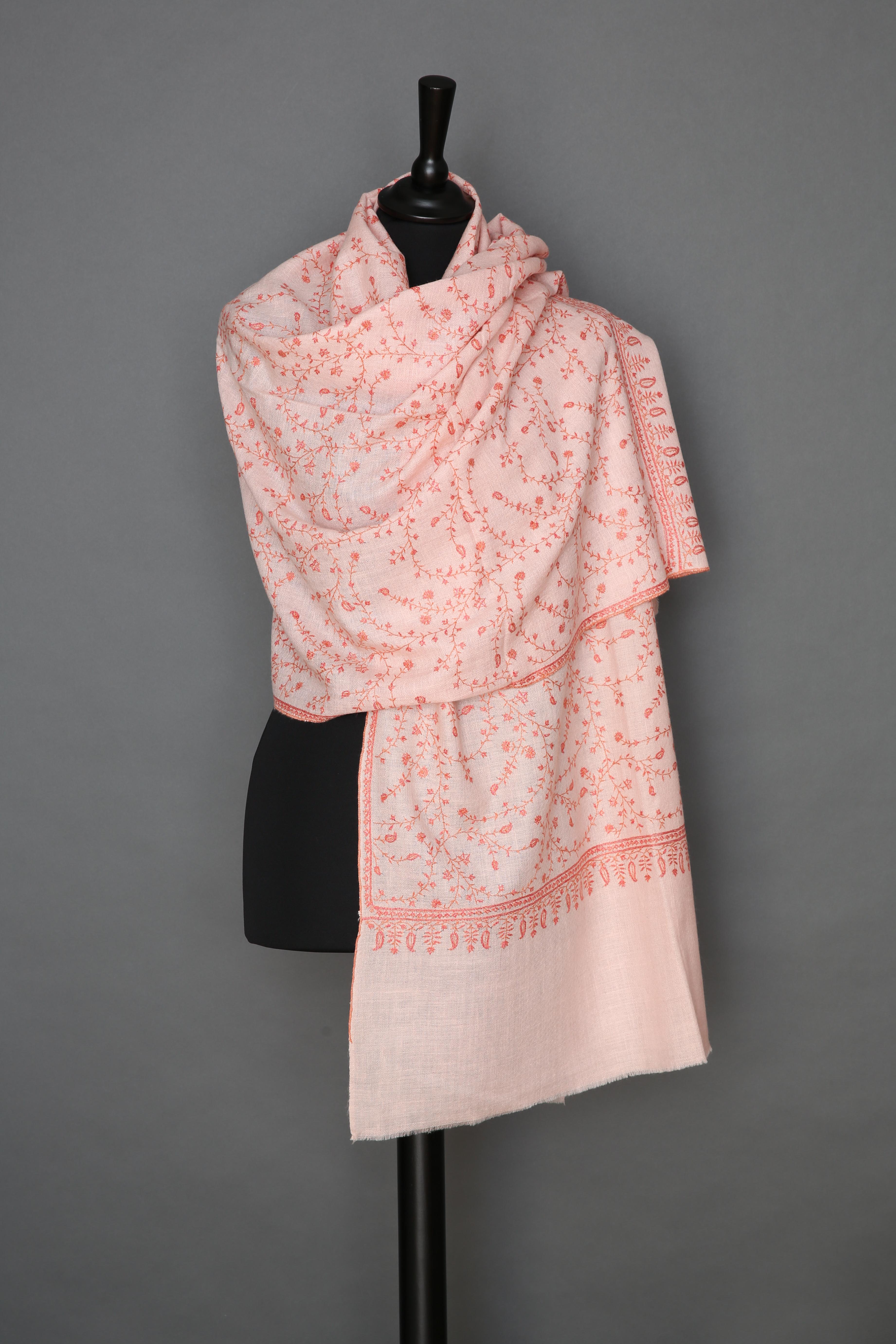 Hand Embroidered Pale Pink 100% Cashmere Shawl Scarf from Kashmir  For Sale 1