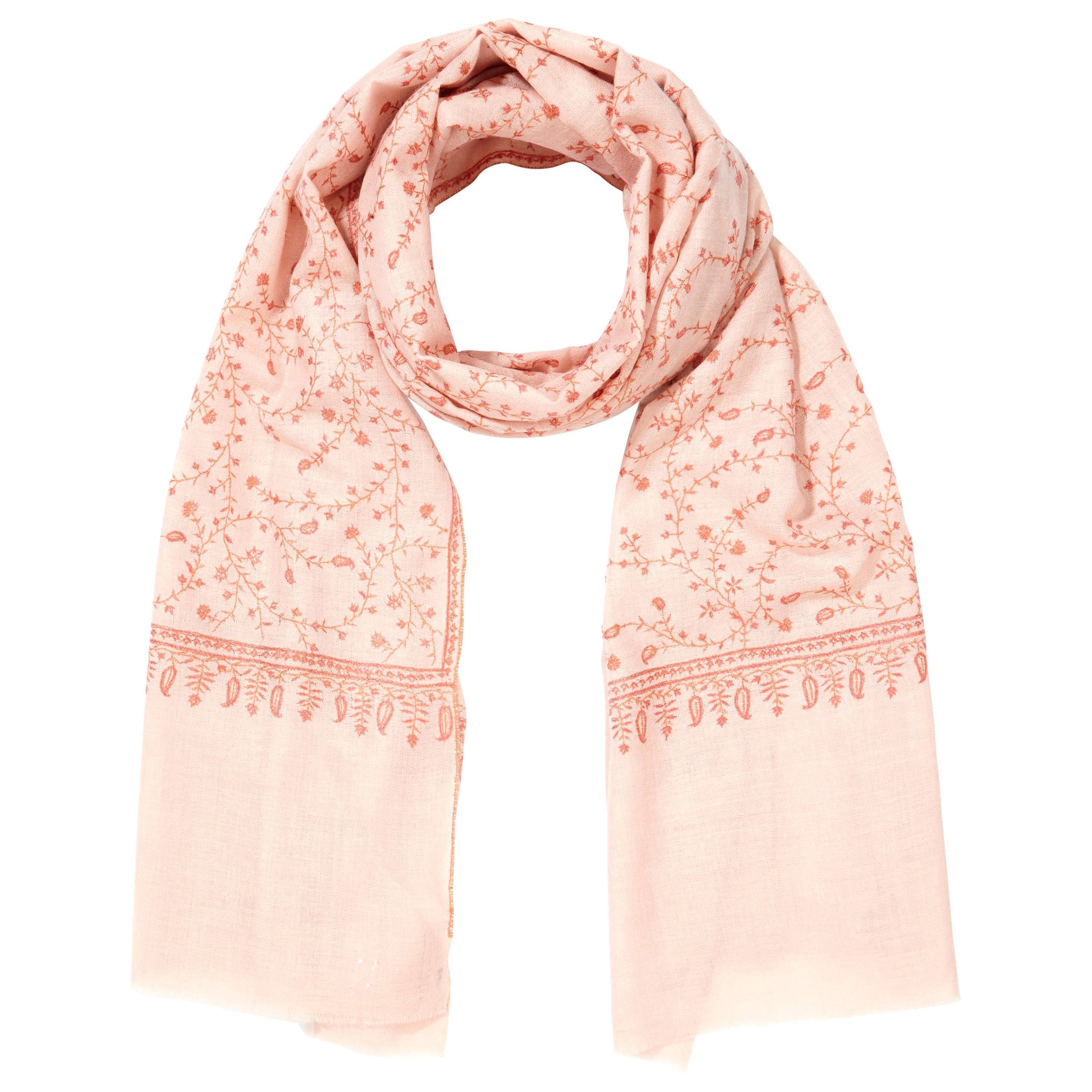 Hand Embroidered Pale Pink 100% Cashmere Shawl Scarf from Kashmir