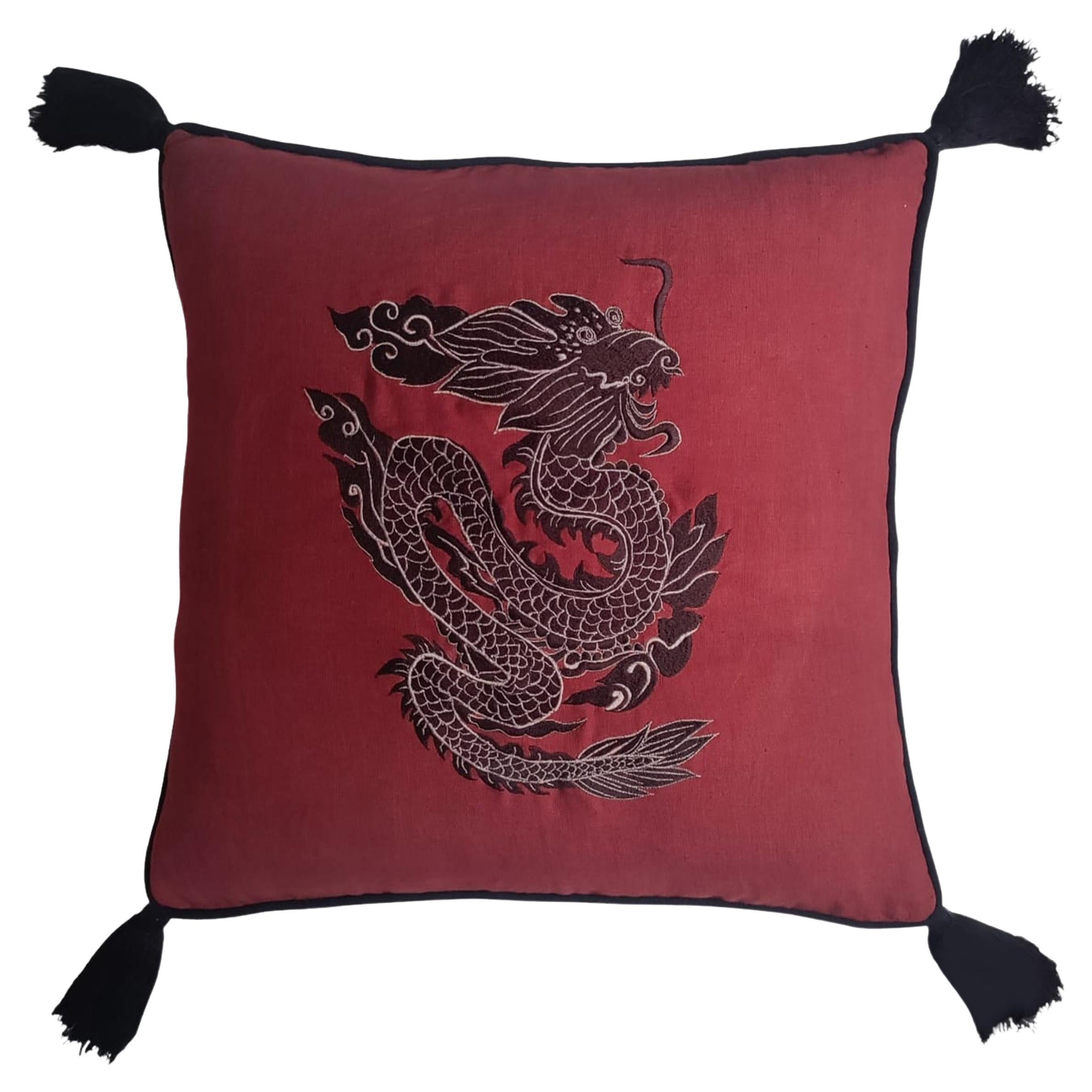 Hand Embroidered Red Dragon linen pillow 
