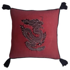 Hand Embroidered Linen Pillow - Red Dragon