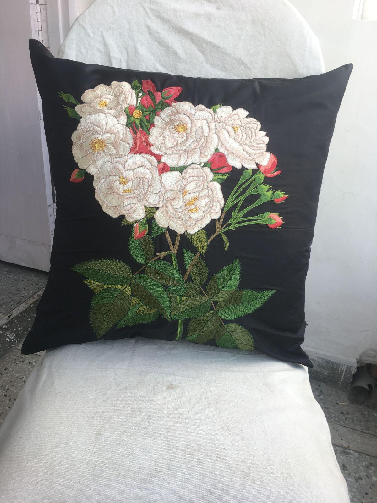 Romantic Lost City Hand Embroidered Roses Pillow For Sale