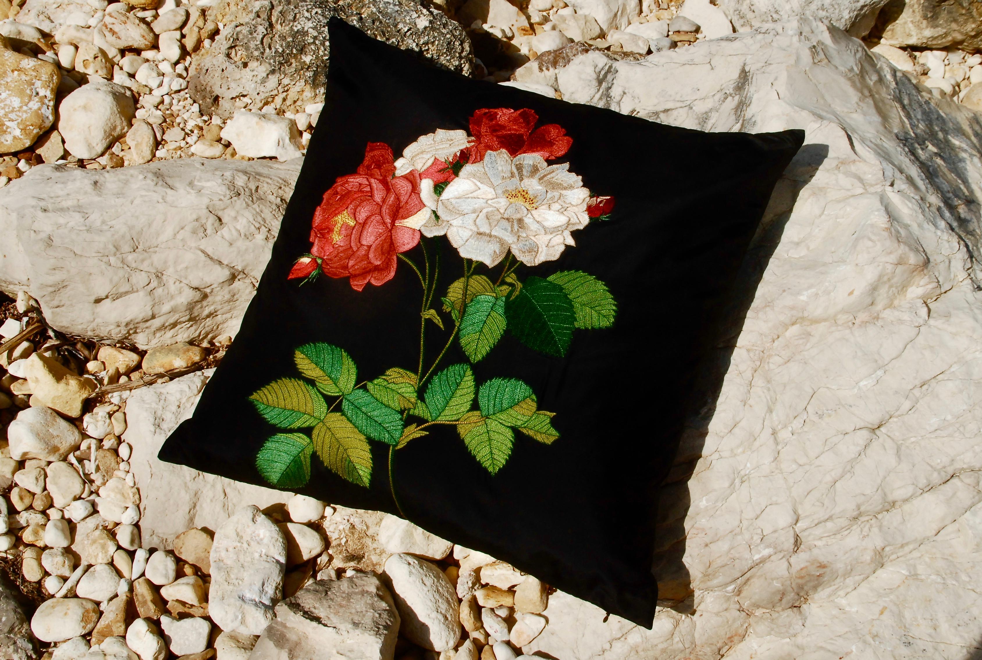 Indian Lost City Hand Embroidered Roses Pillow For Sale