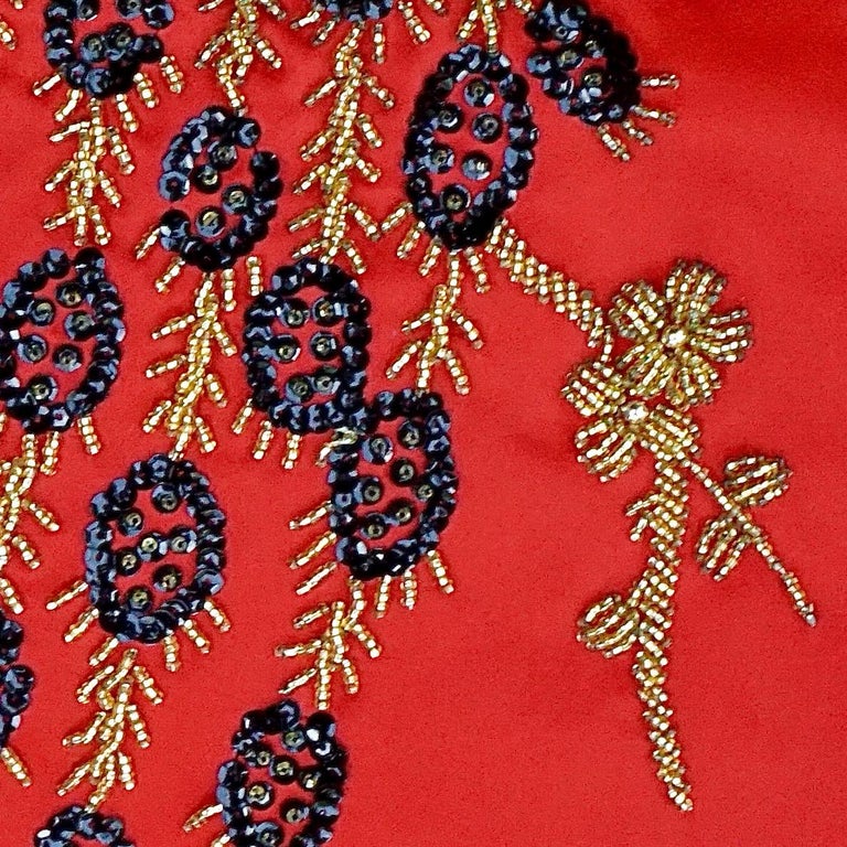 Hand Embroidered, Sequin and Bead Red Satin Peacock Dress Panel 1950s For  Sale at 1stDibs