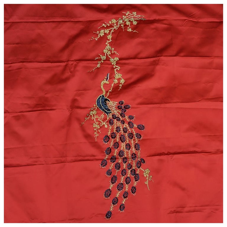 Hand Embroidered, Sequin and Bead Red Satin Peacock Dress Panel 1950s For  Sale at 1stDibs