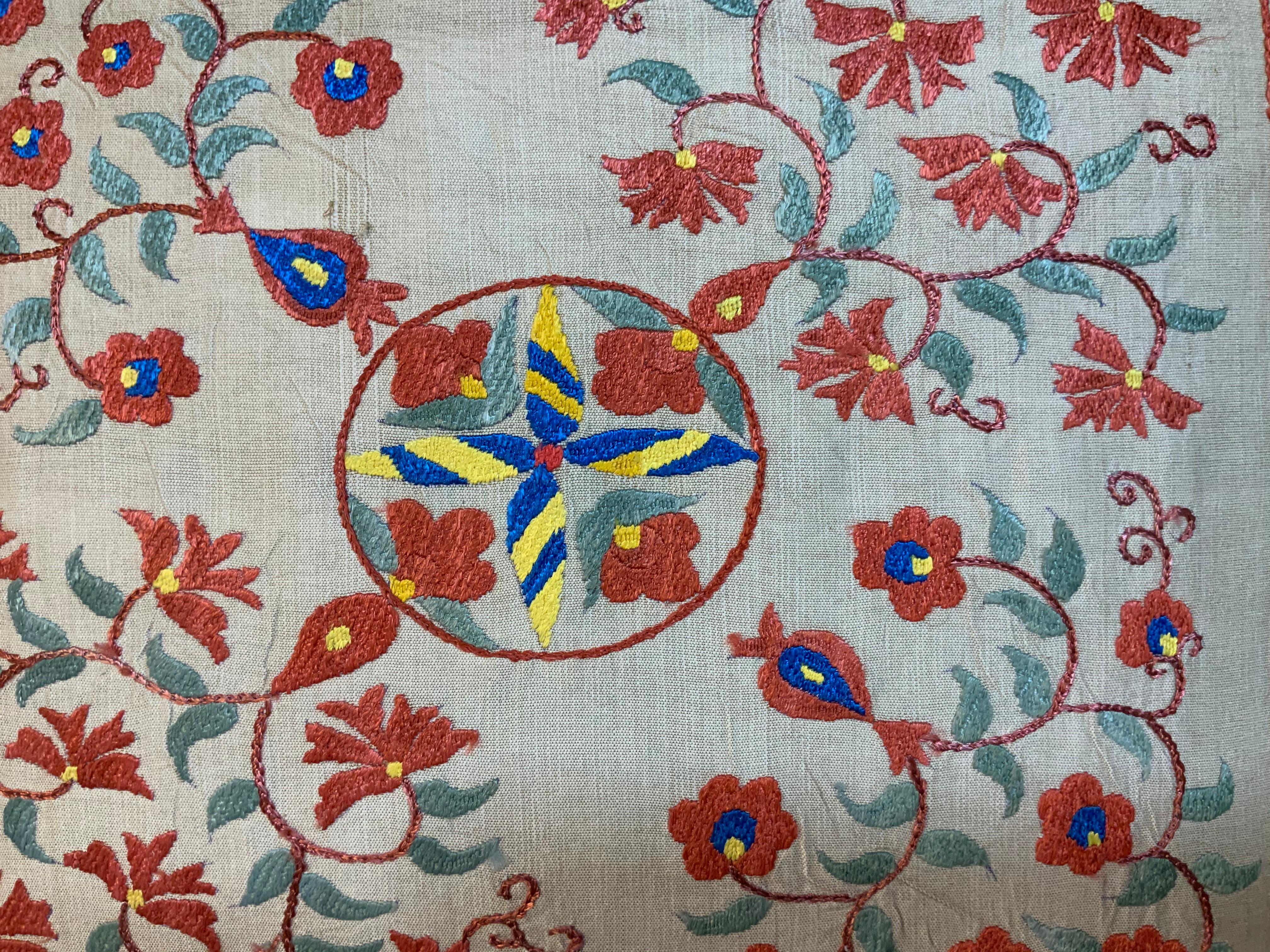 Cotton Hand Embroidered Suzani Pillow For Sale