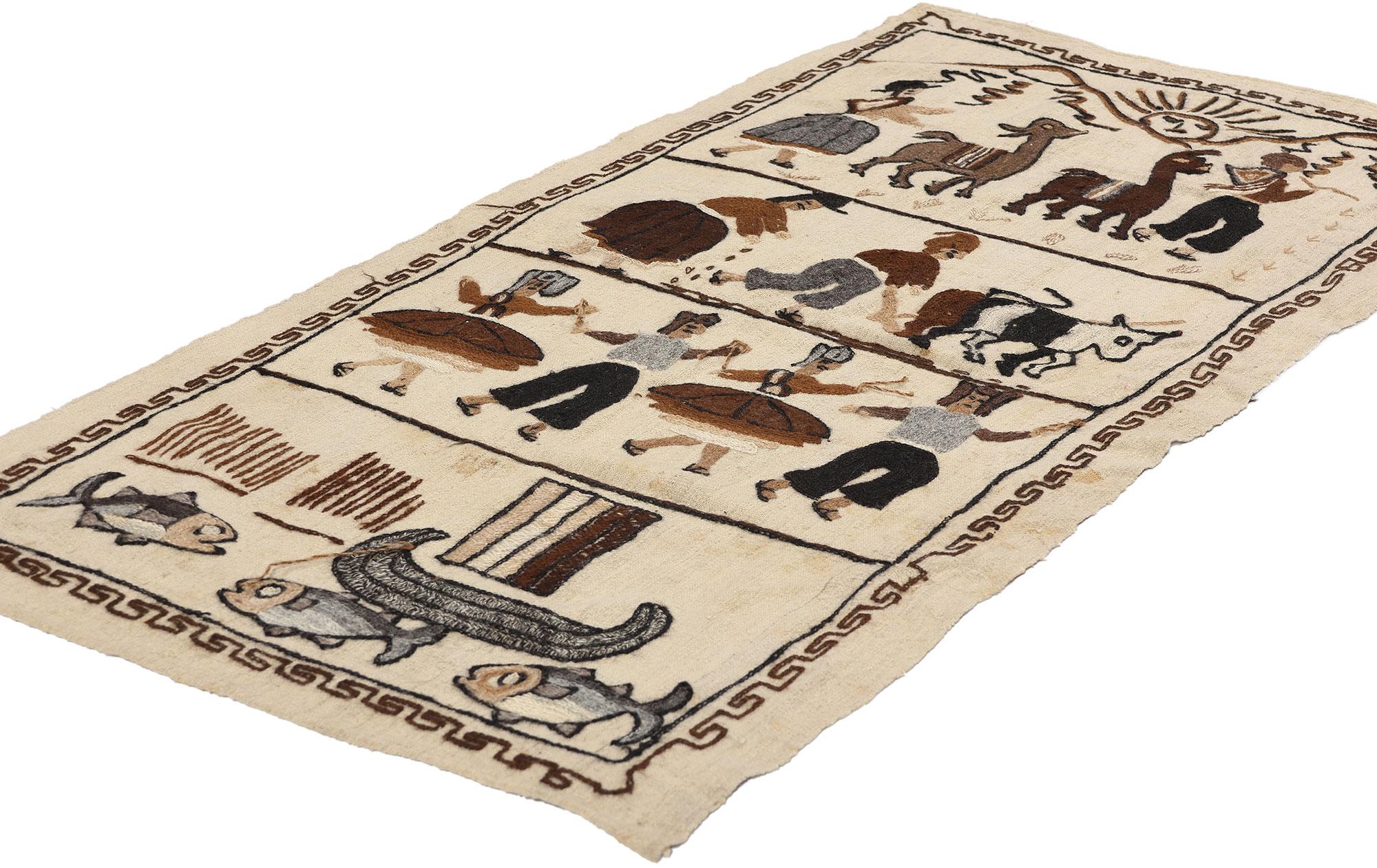 78756 Tapisserie péruvienne vintage brodée à la main, 02'02 x 04'07. Les tapisseries péruviennes brodées à la main sont des œuvres d'art textiles complexes réalisées par des artisans qualifiés, qui mettent en valeur le patrimoine culturel vibrant du