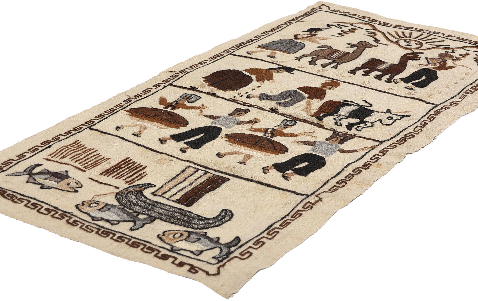78756 Tapiz Vintage Peruano Bordado a Mano, 02'02 x 04'07. Los tapices peruanos bordados a mano son intrincadas obras de arte textil elaboradas por hábiles artesanos, que muestran el vibrante patrimonio cultural de Perú. Utilizando técnicas como el