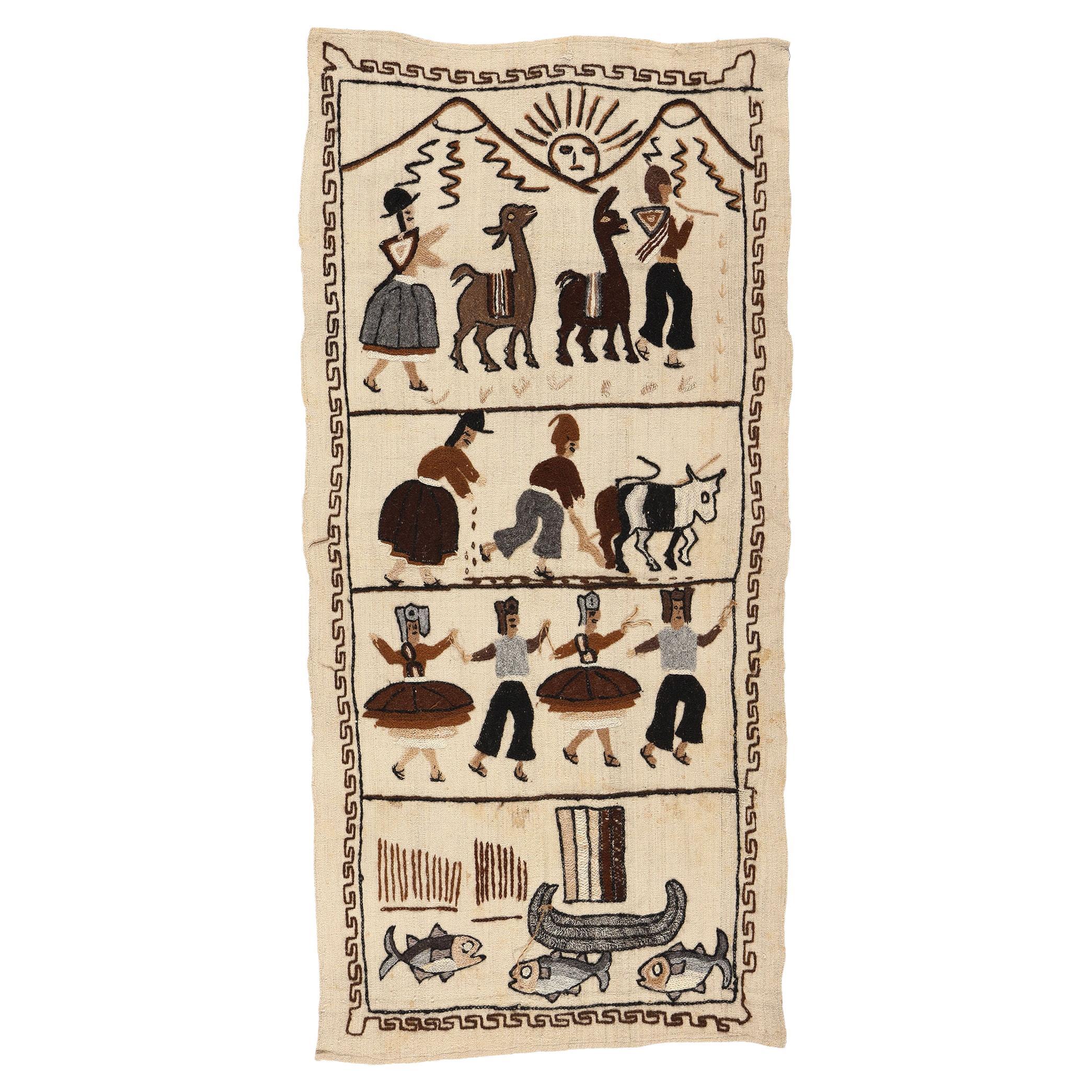 Hand-Embroidered Vintage Peruvian Tapestry For Sale