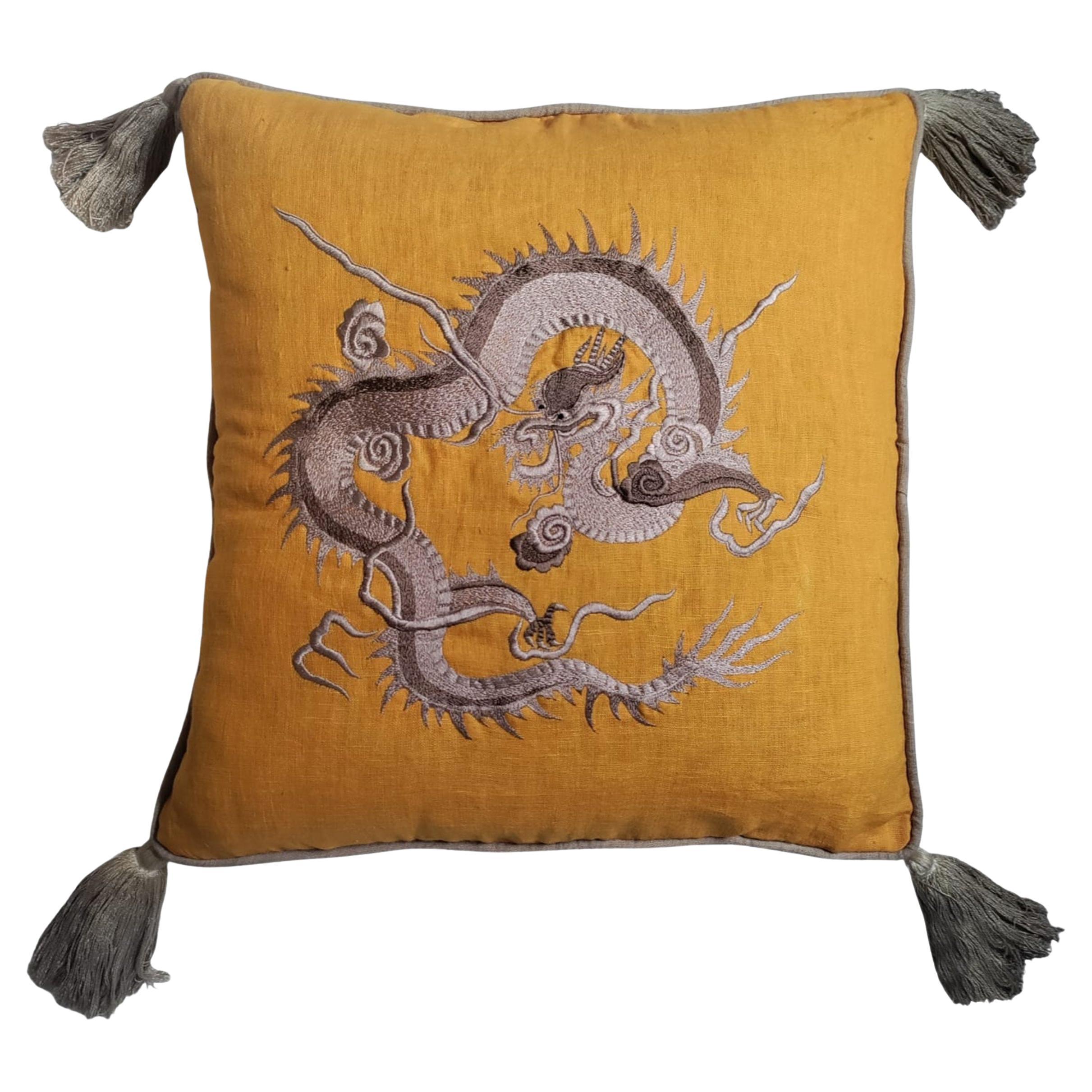 Hand Embroidered Yellow Dragon linen pillow  For Sale
