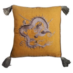 Hand Embroidered Yellow Dragon linen pillow 