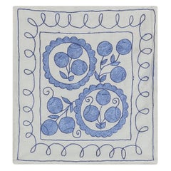 Hand Embroidery Cushion Cover, Silk Suzani Throw Pillow in Cream 
Blue