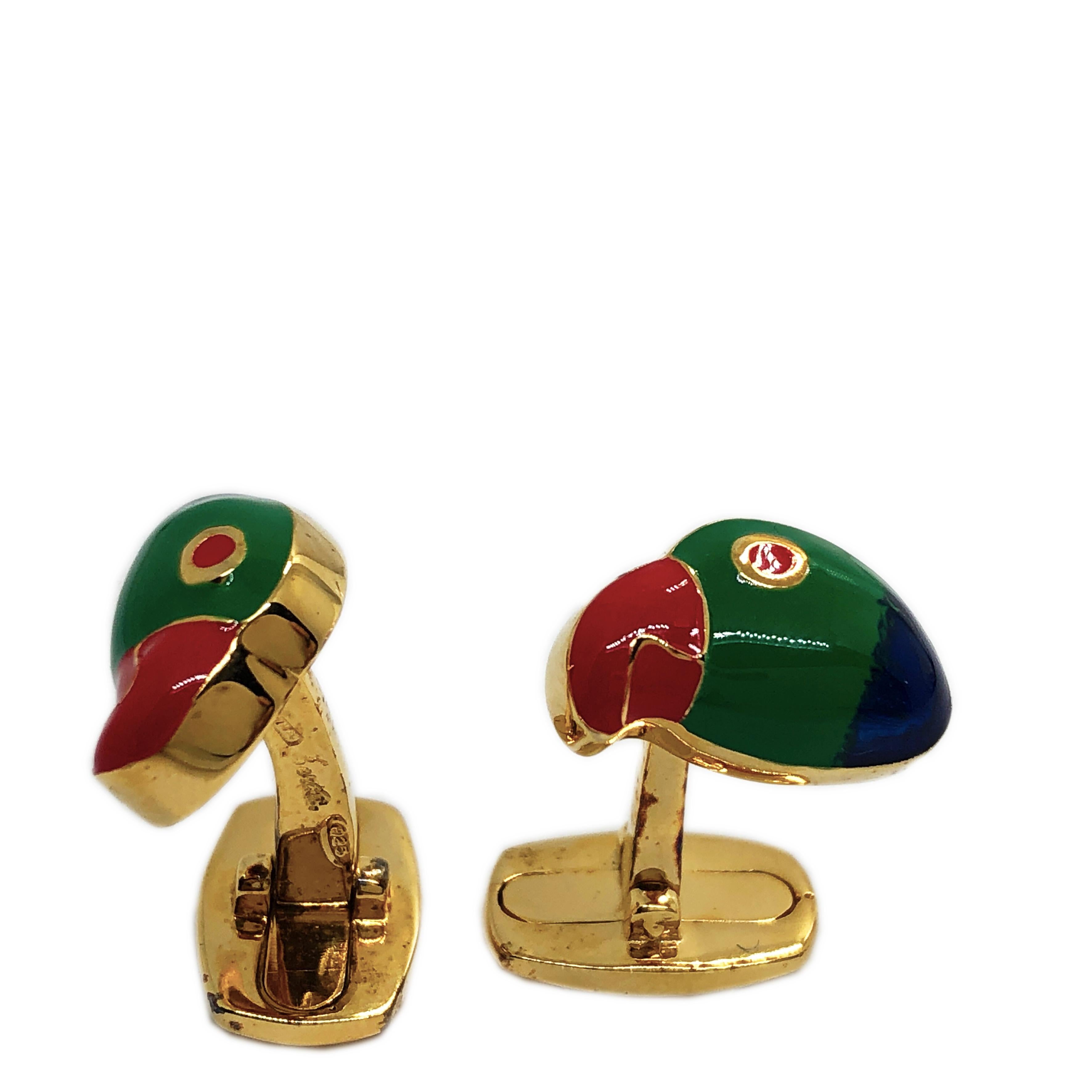 Berca Hand Enameled Brazilian Parrot Sterling Silver Gold-Plated Cufflinks For Sale 5