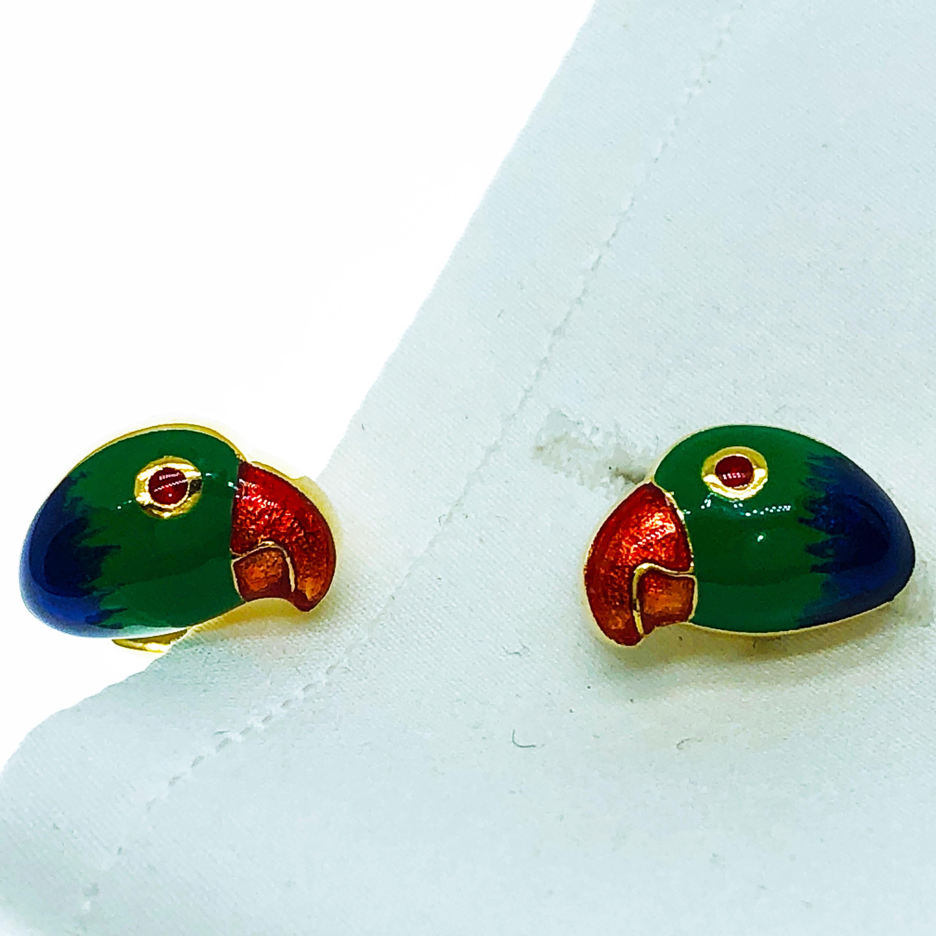 Berca Hand Enameled Brazilian Parrot Sterling Silver Gold-Plated Cufflinks For Sale 6
