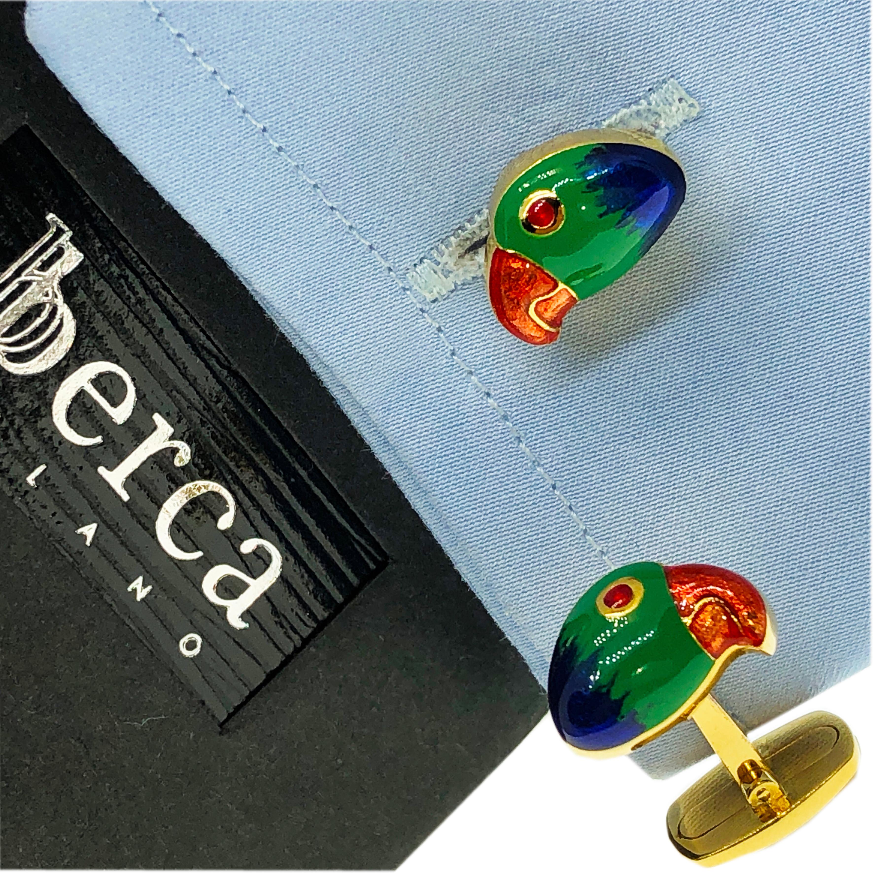Berca Hand Enameled Brazilian Parrot Sterling Silver Gold-Plated Cufflinks For Sale 7