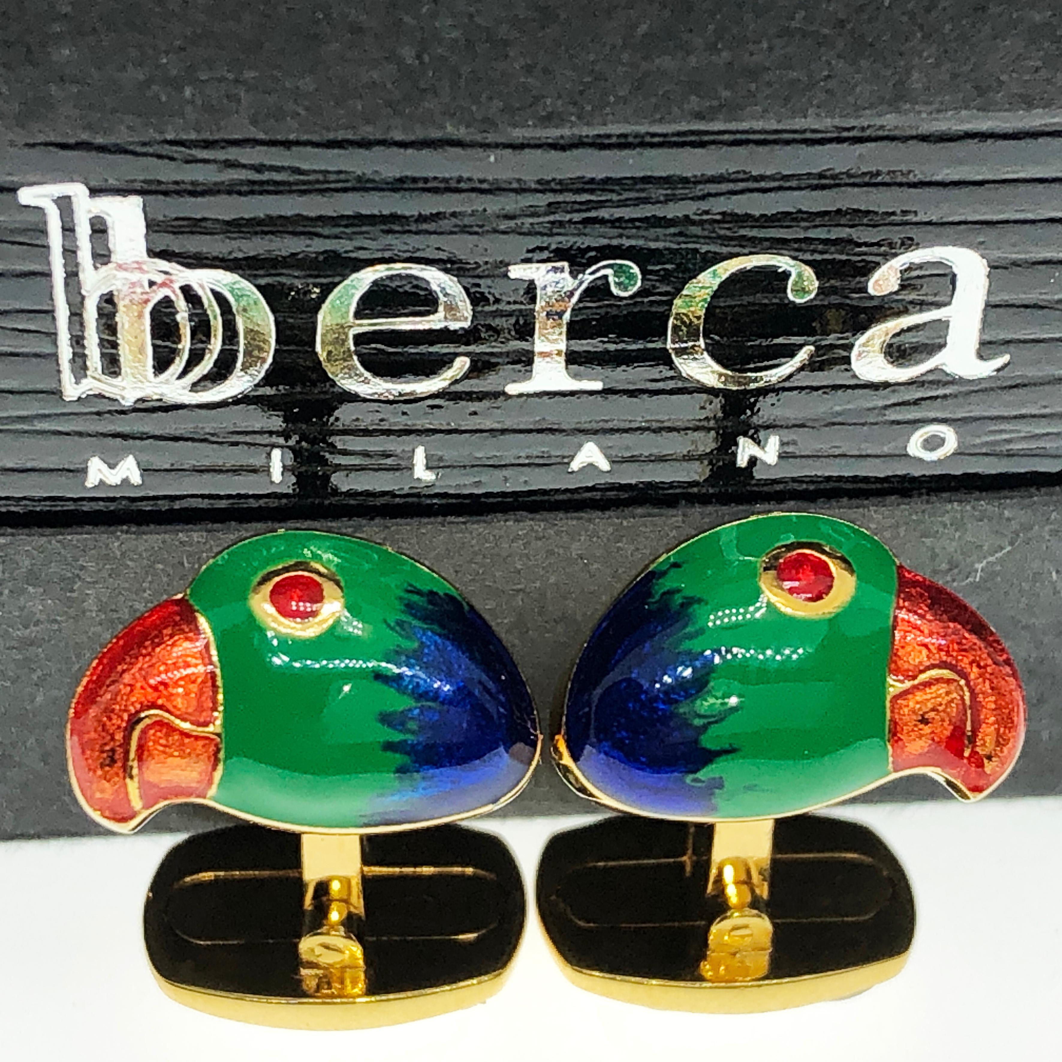 Berca Hand Enameled Brazilian Parrot Sterling Silver Gold-Plated Cufflinks For Sale 9