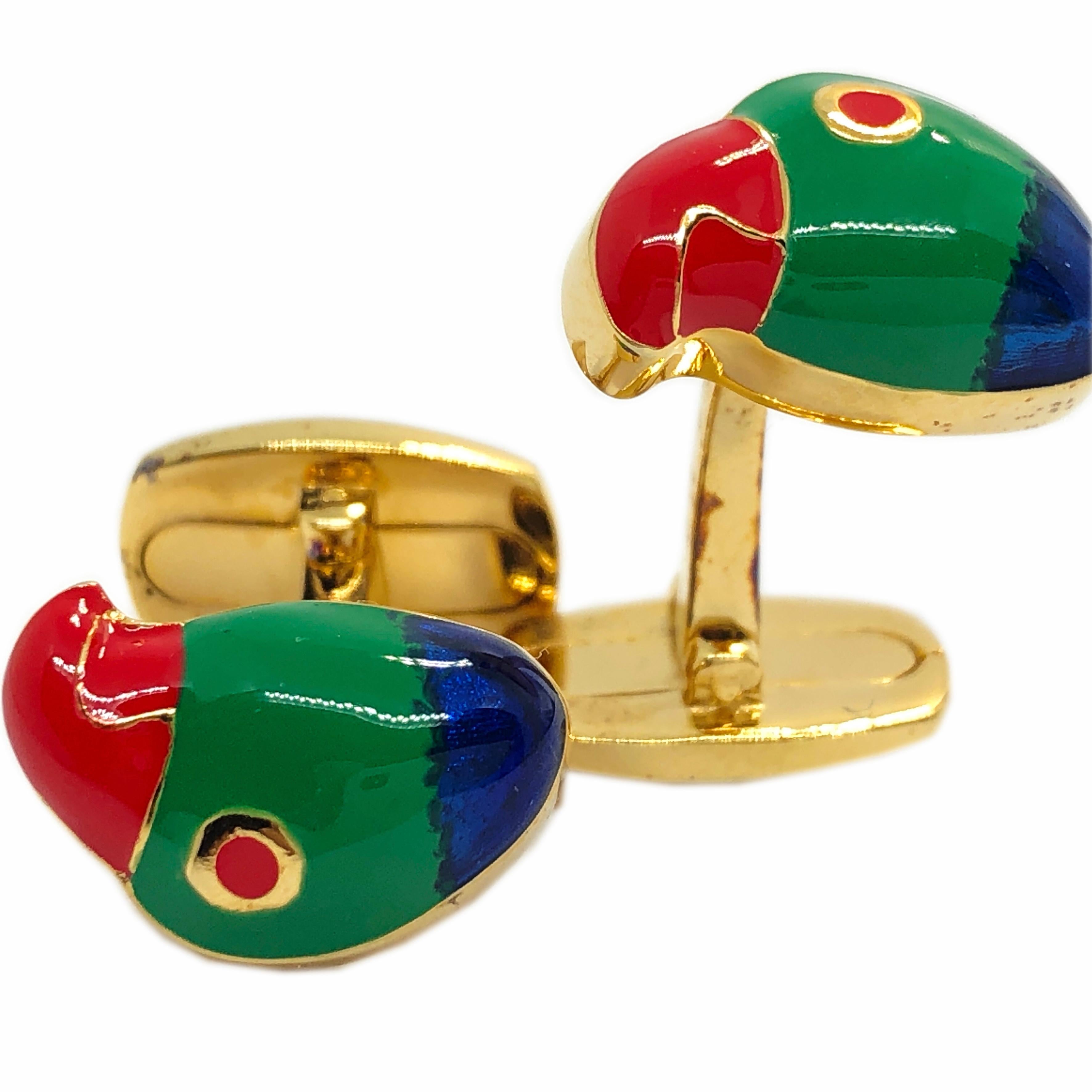 Chic, Unique yet Timeless, Hand Enamelled Brazilian Parrots T-Bar Back, Sterling Silver Yellow Gold Plated Cufflinks.

In our smart Black Box and pouch.