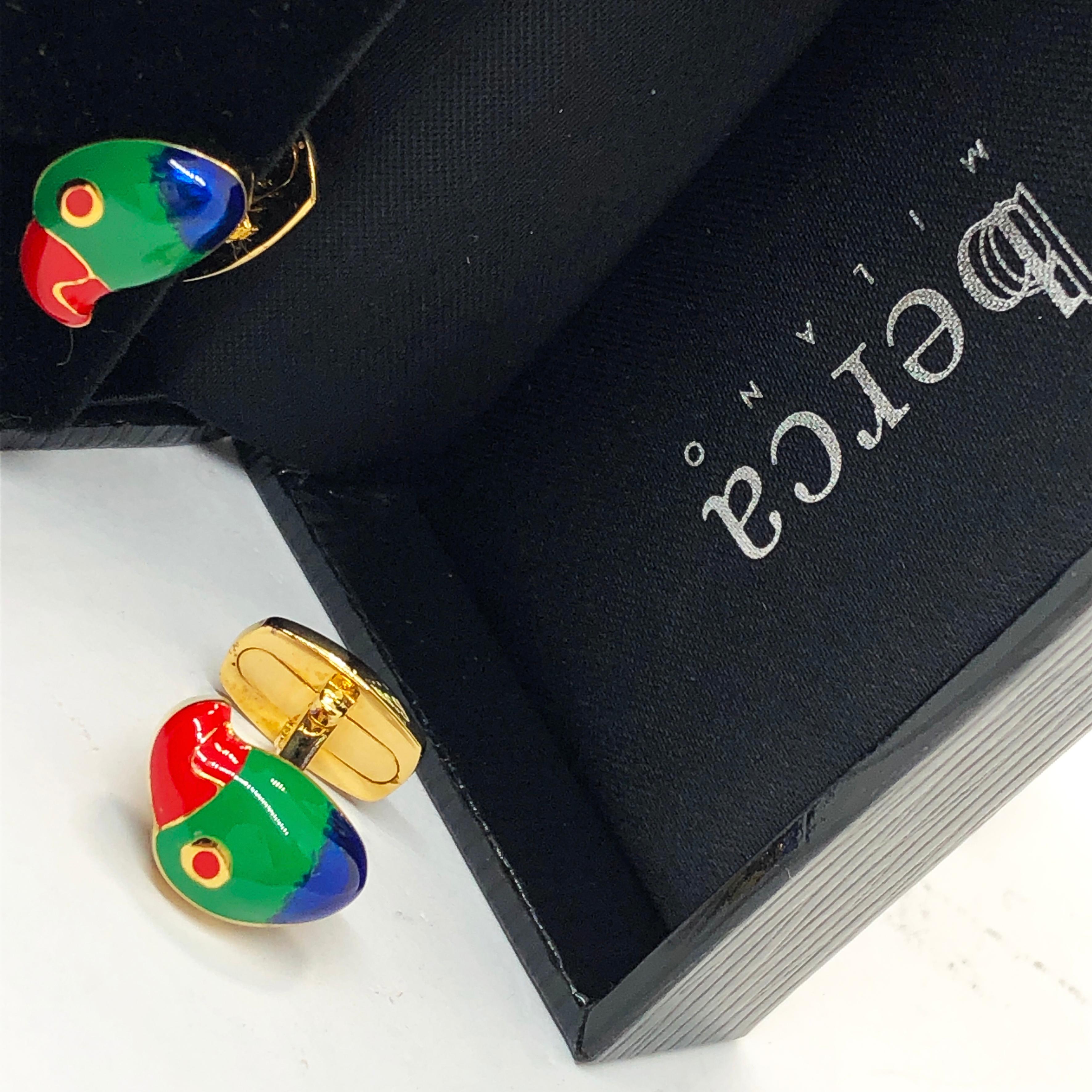 Contemporary Berca Hand Enameled Brazilian Parrot Sterling Silver Gold-Plated Cufflinks For Sale