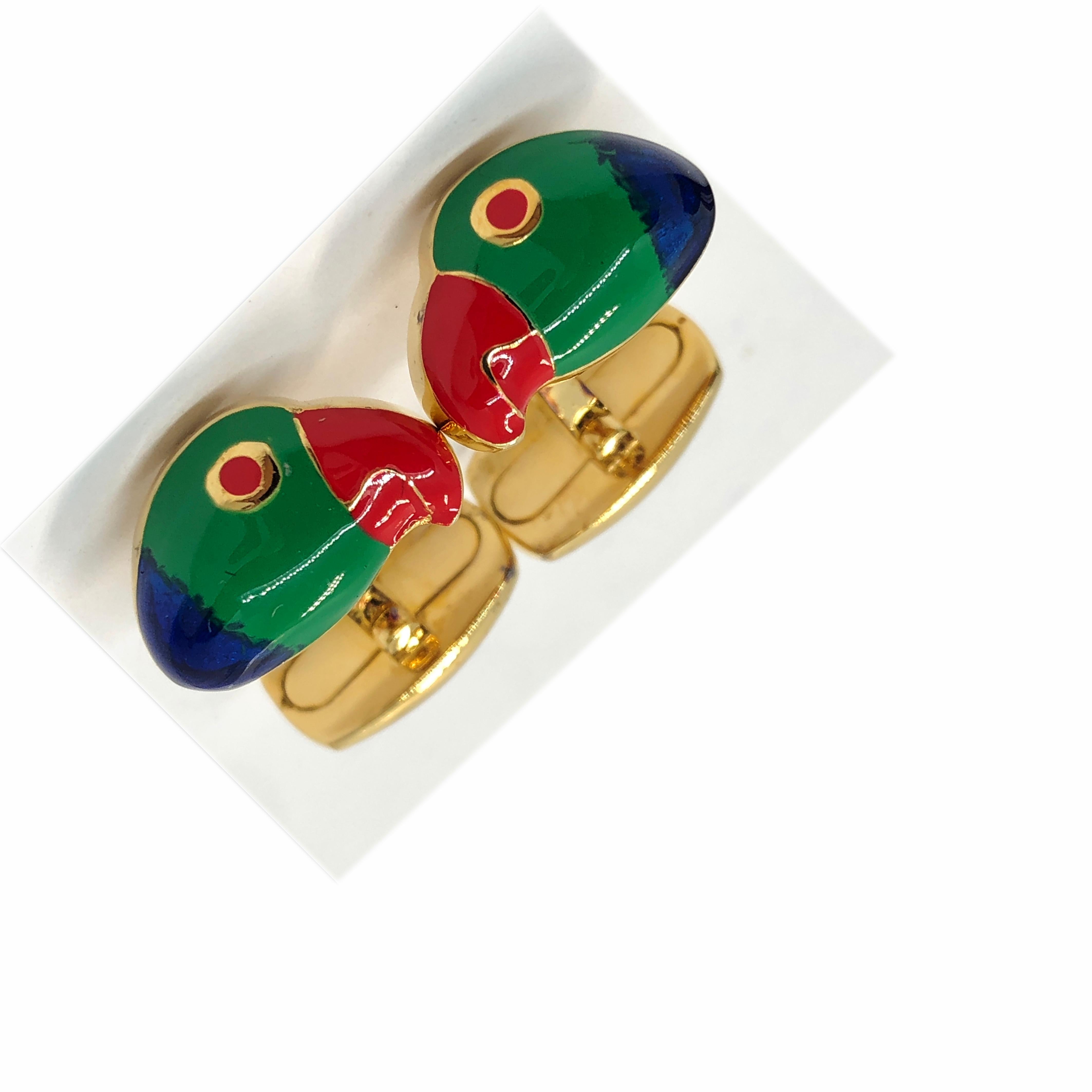Berca Hand Enameled Brazilian Parrot Sterling Silver Gold-Plated Cufflinks For Sale 2
