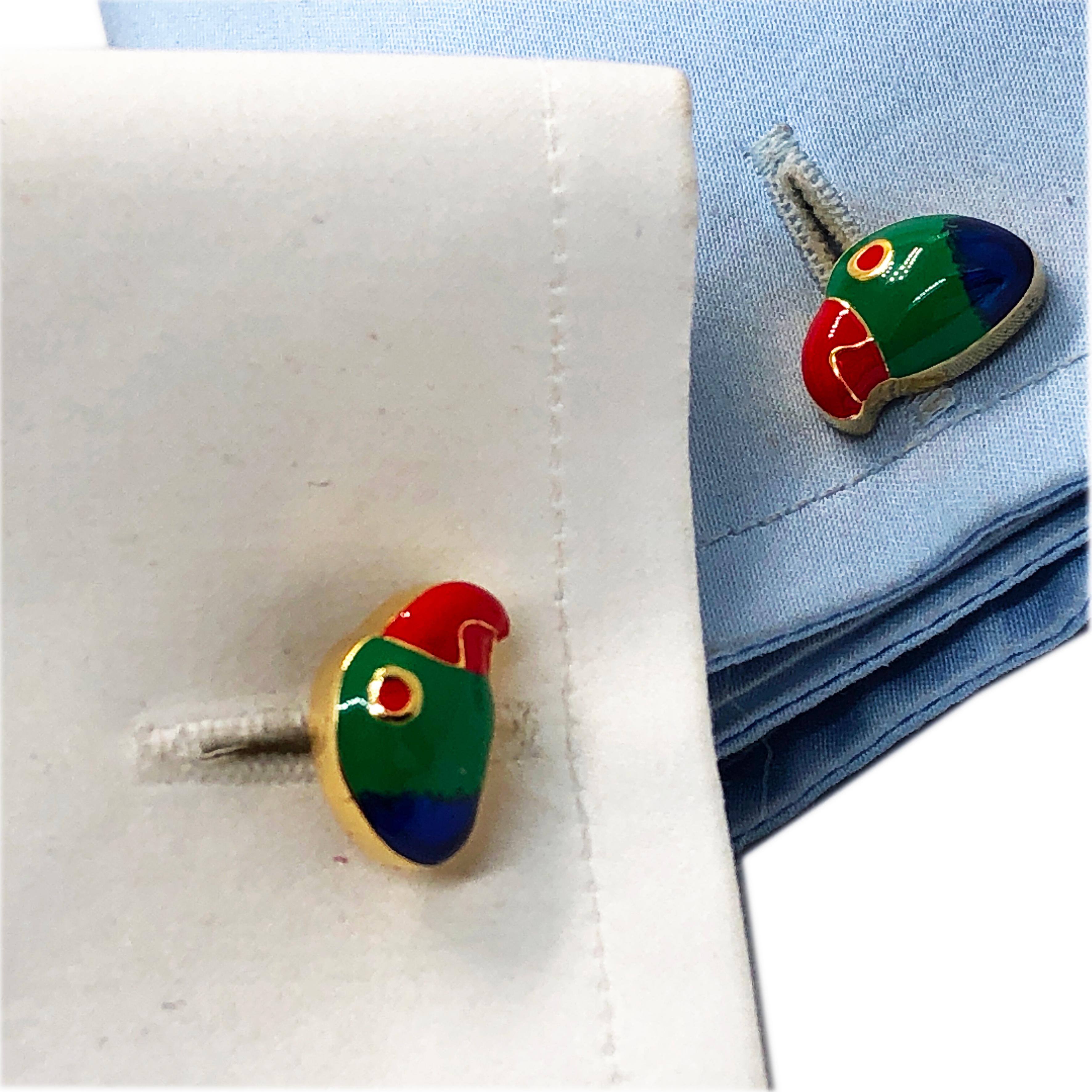 Berca Hand Enameled Brazilian Parrot Sterling Silver Gold-Plated Cufflinks For Sale 3