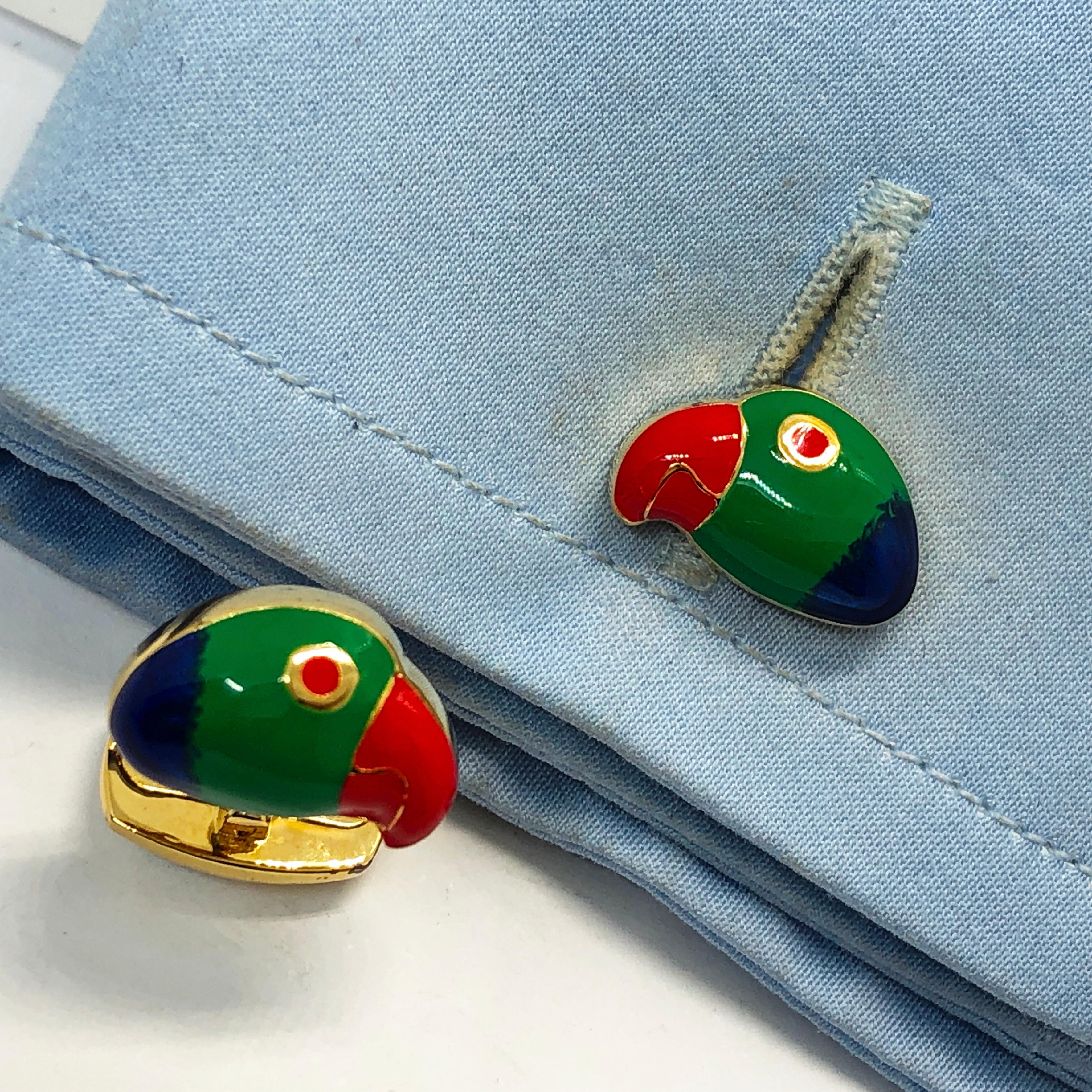 Berca Hand Enameled Brazilian Parrot Sterling Silver Gold-Plated Cufflinks For Sale 4
