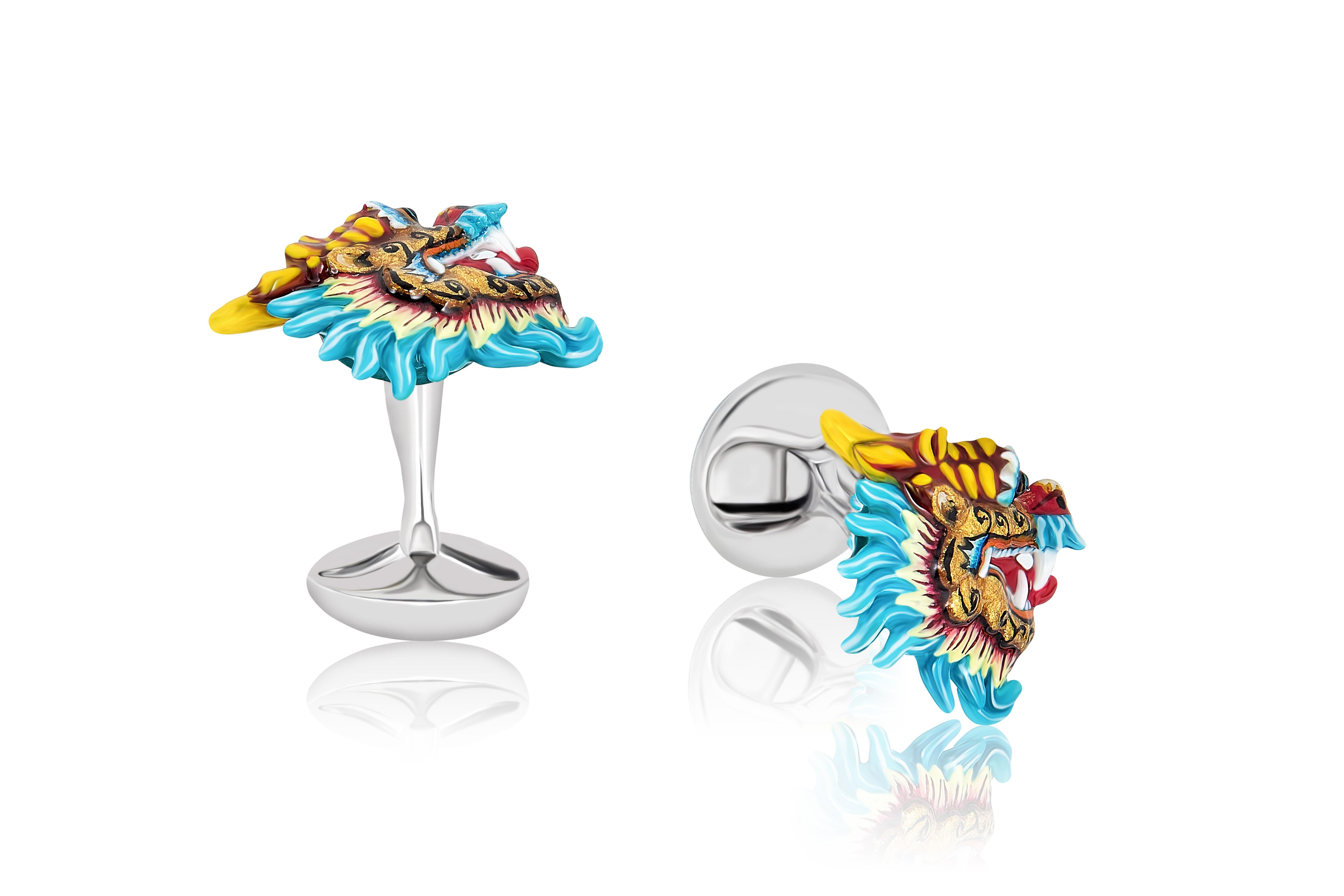Modern Hand-enameled Chinese Dragon Cufflinks in Sterling Silver by Fils Unique