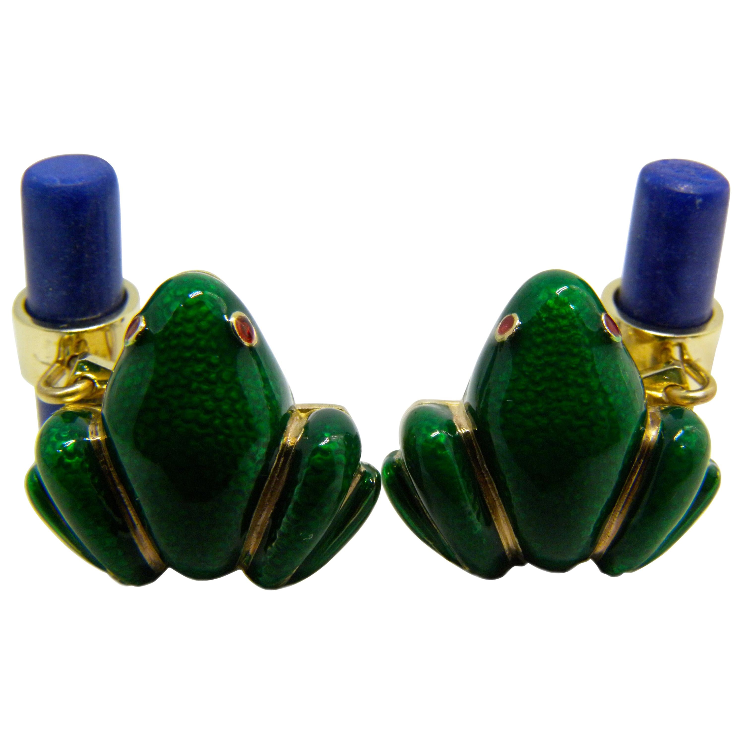 Berca Hand Enameled Frog Shaped Natural Lapis Stick Back Yellow Gold Cufflinks For Sale