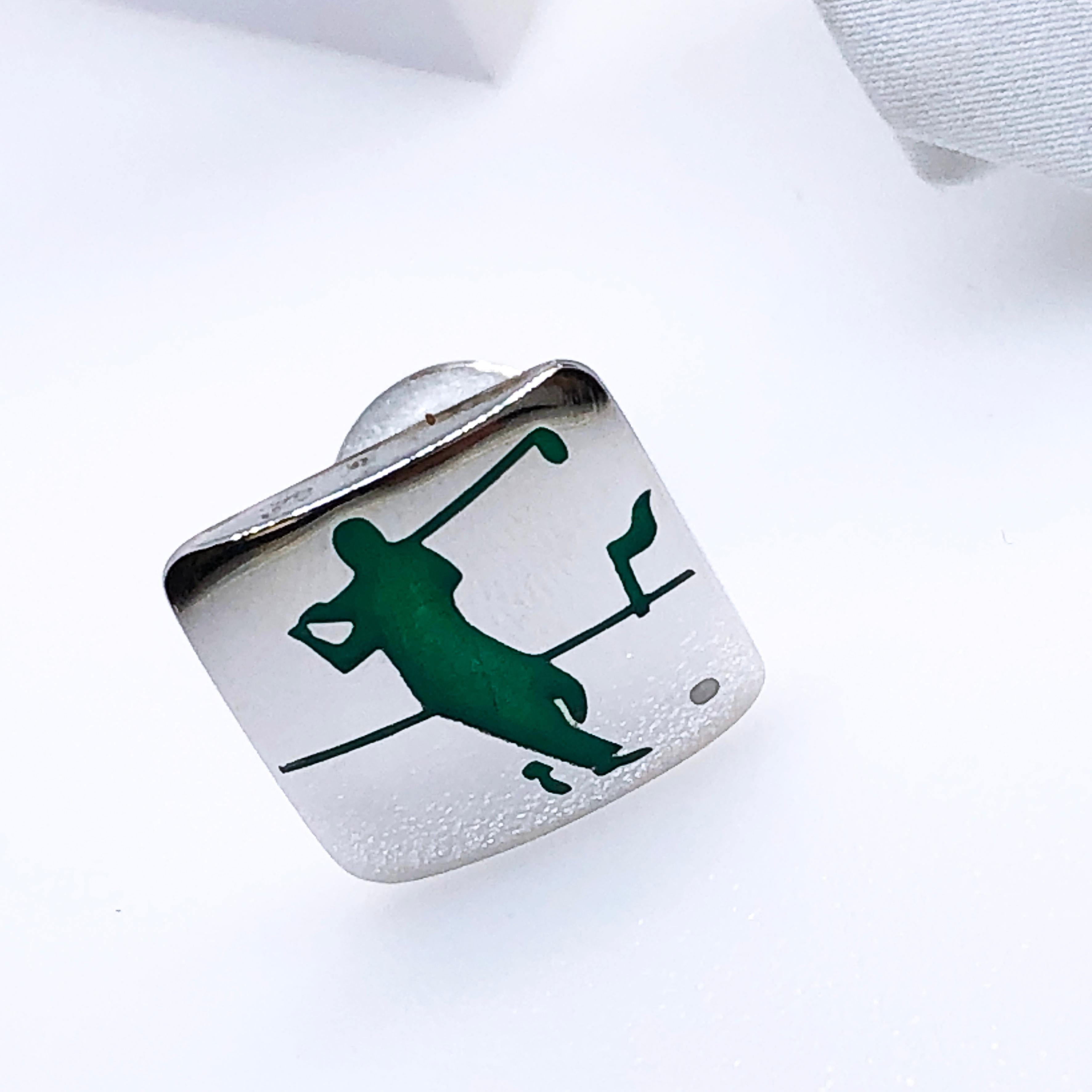 Hand Enameled Green Golf Player White Ball Solid Sterling Silver Cufflinks 5