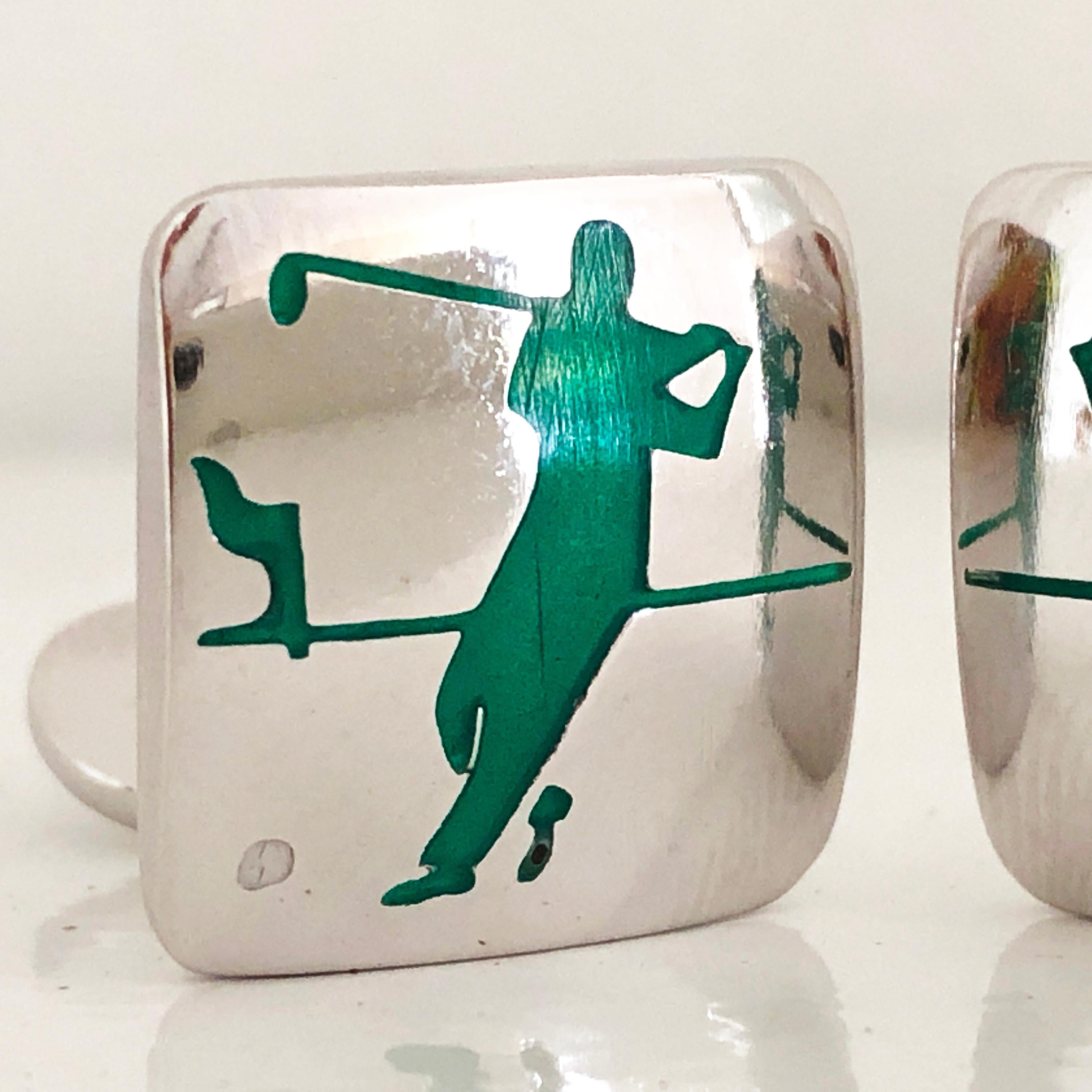 Unique, Chic Yet Timeless Hand Enameled Green Golf Player White Little Ball Squared Shaped Solid Sterling Silver Cufflinks.

In our Smart Black Box and Pouch