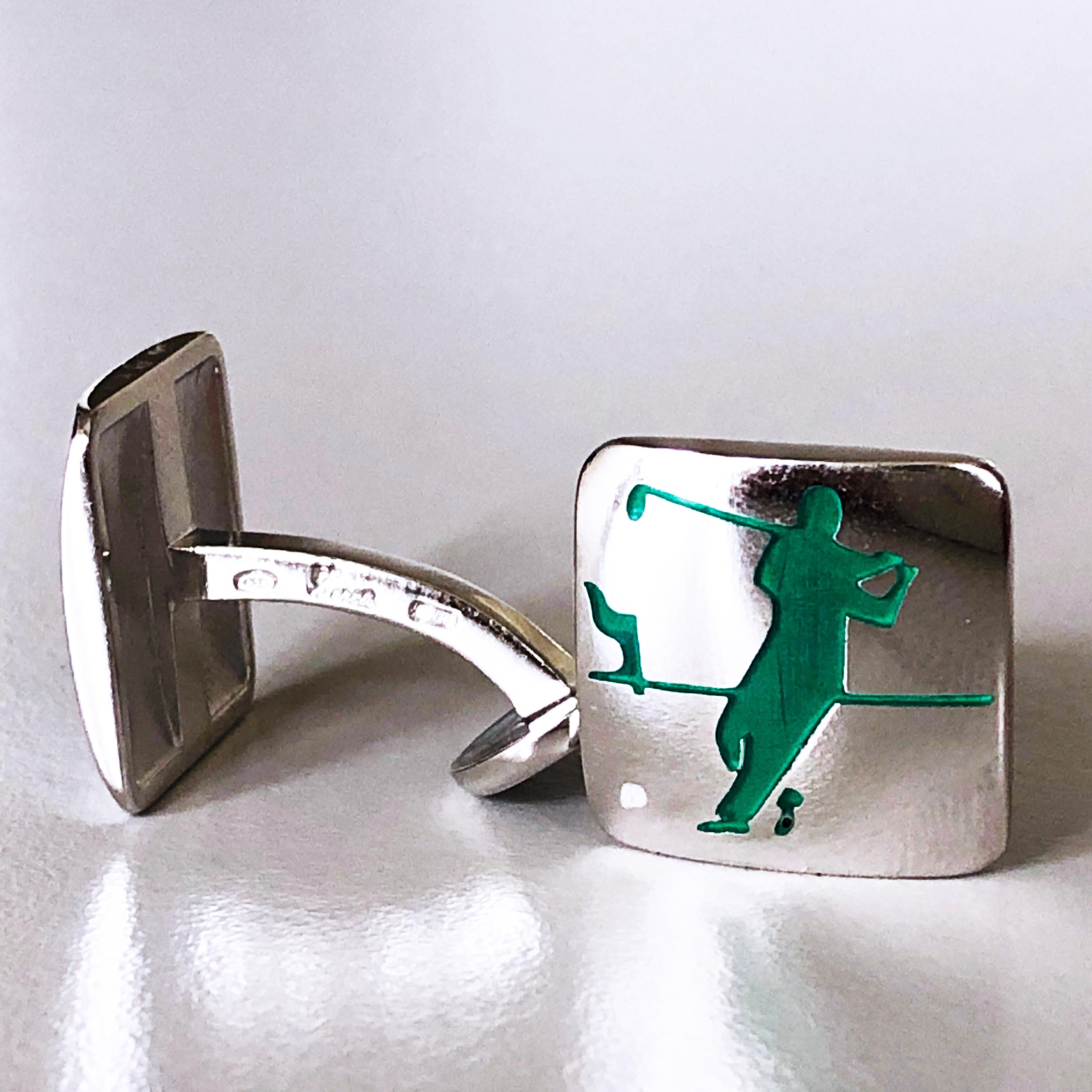 Contemporary Hand Enameled Green Golf Player White Ball Solid Sterling Silver Cufflinks