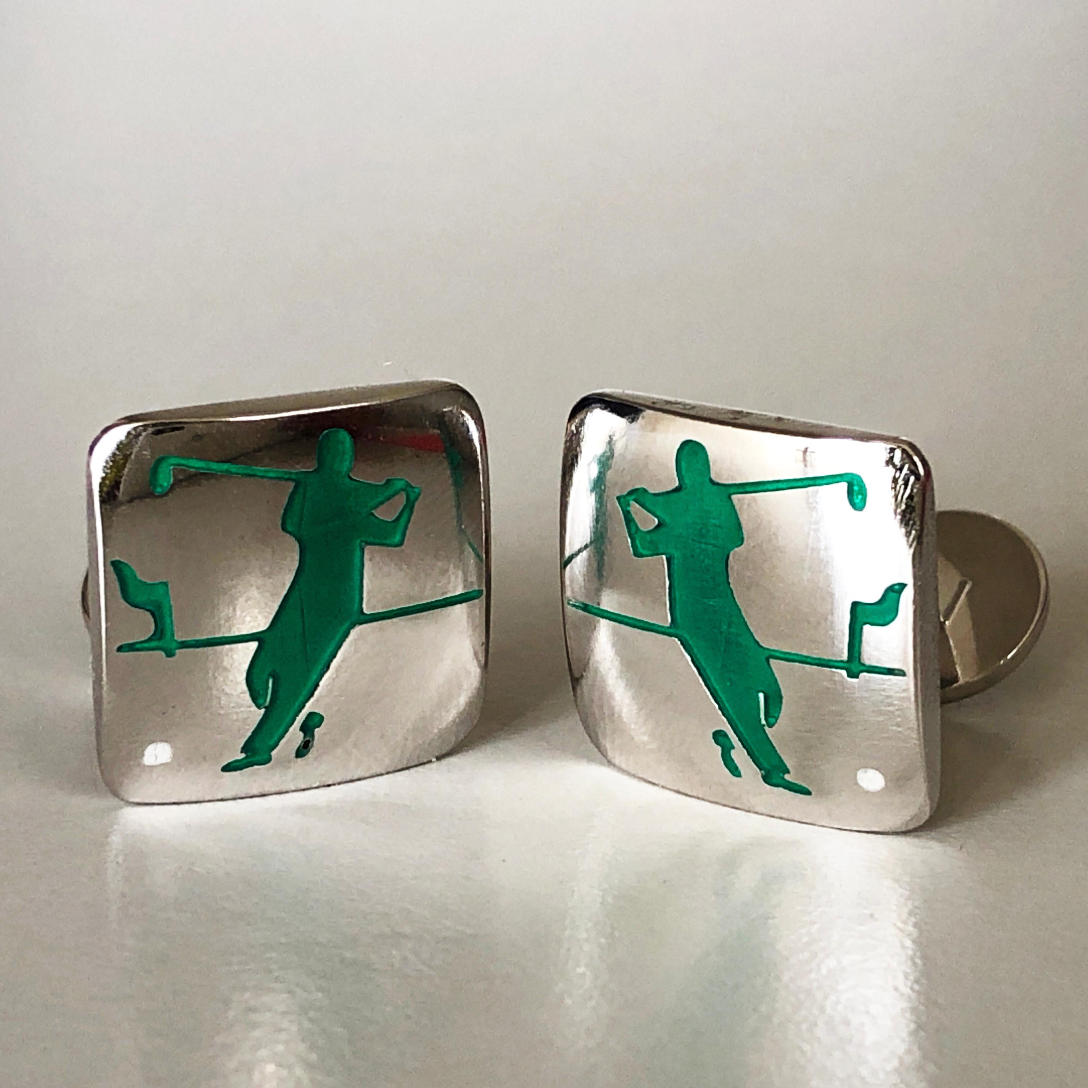 Hand Enameled Green Golf Player White Ball Solid Sterling Silver Cufflinks In New Condition In Valenza, IT