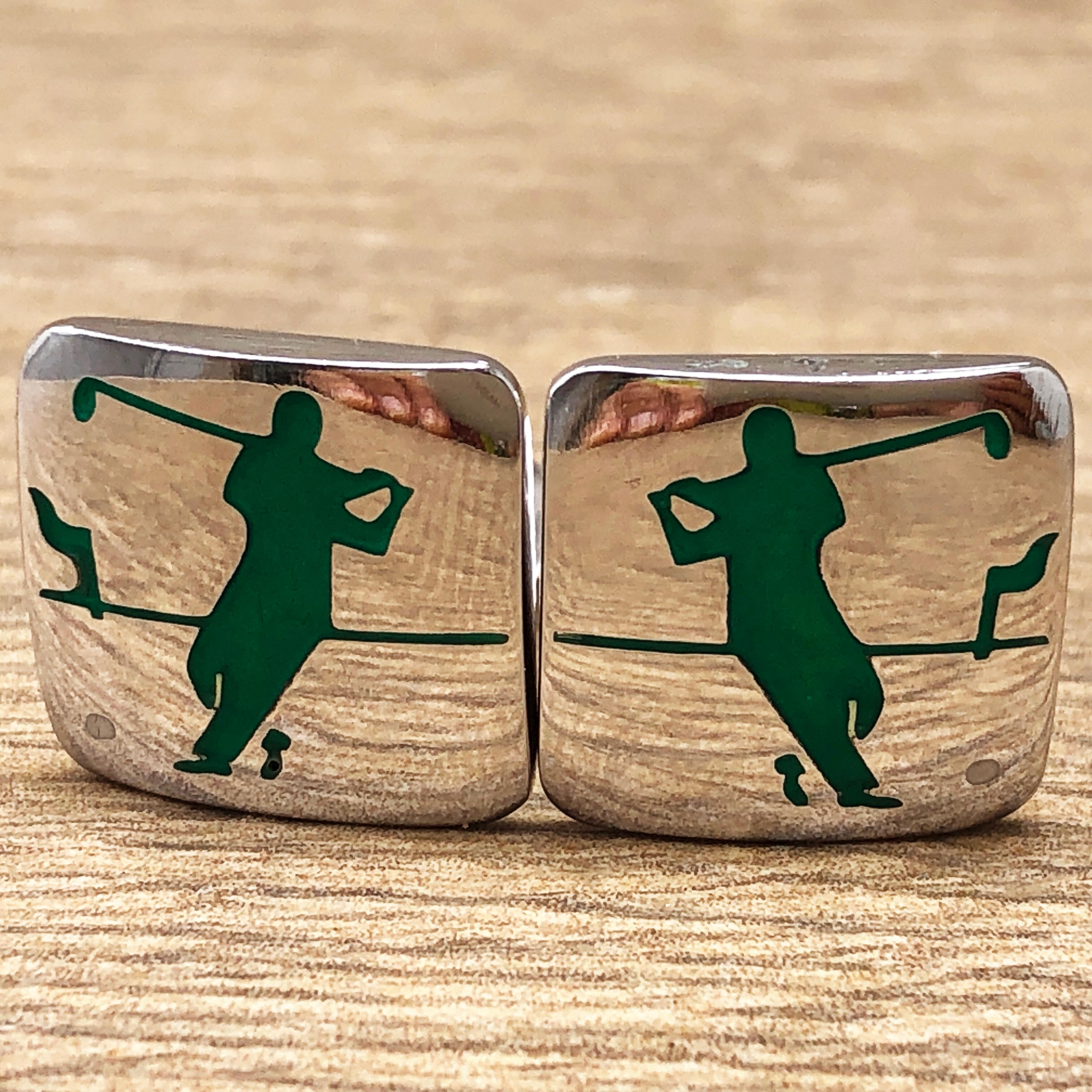 Men's Hand Enameled Green Golf Player White Ball Solid Sterling Silver Cufflinks