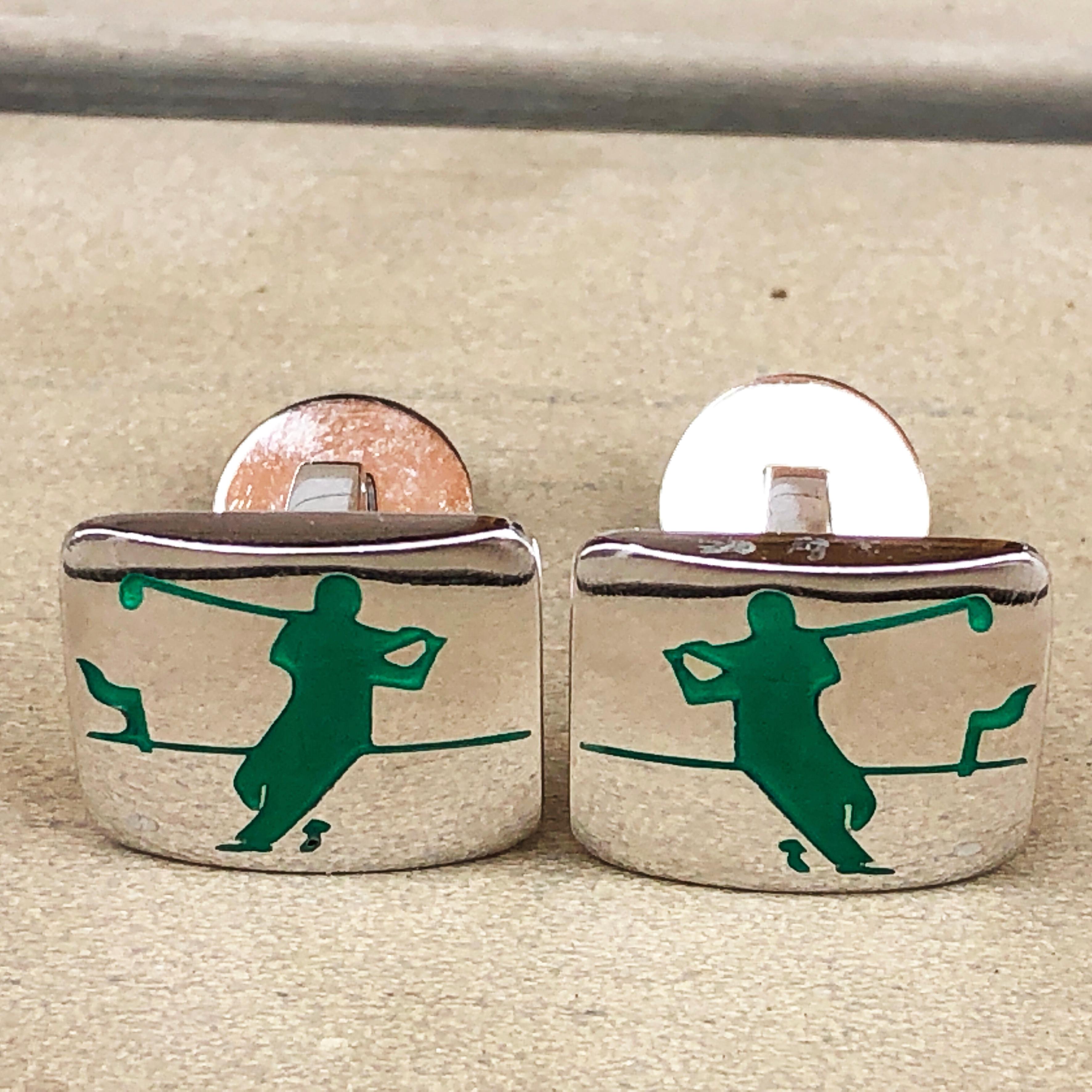 Hand Enameled Green Golf Player White Ball Solid Sterling Silver Cufflinks 1