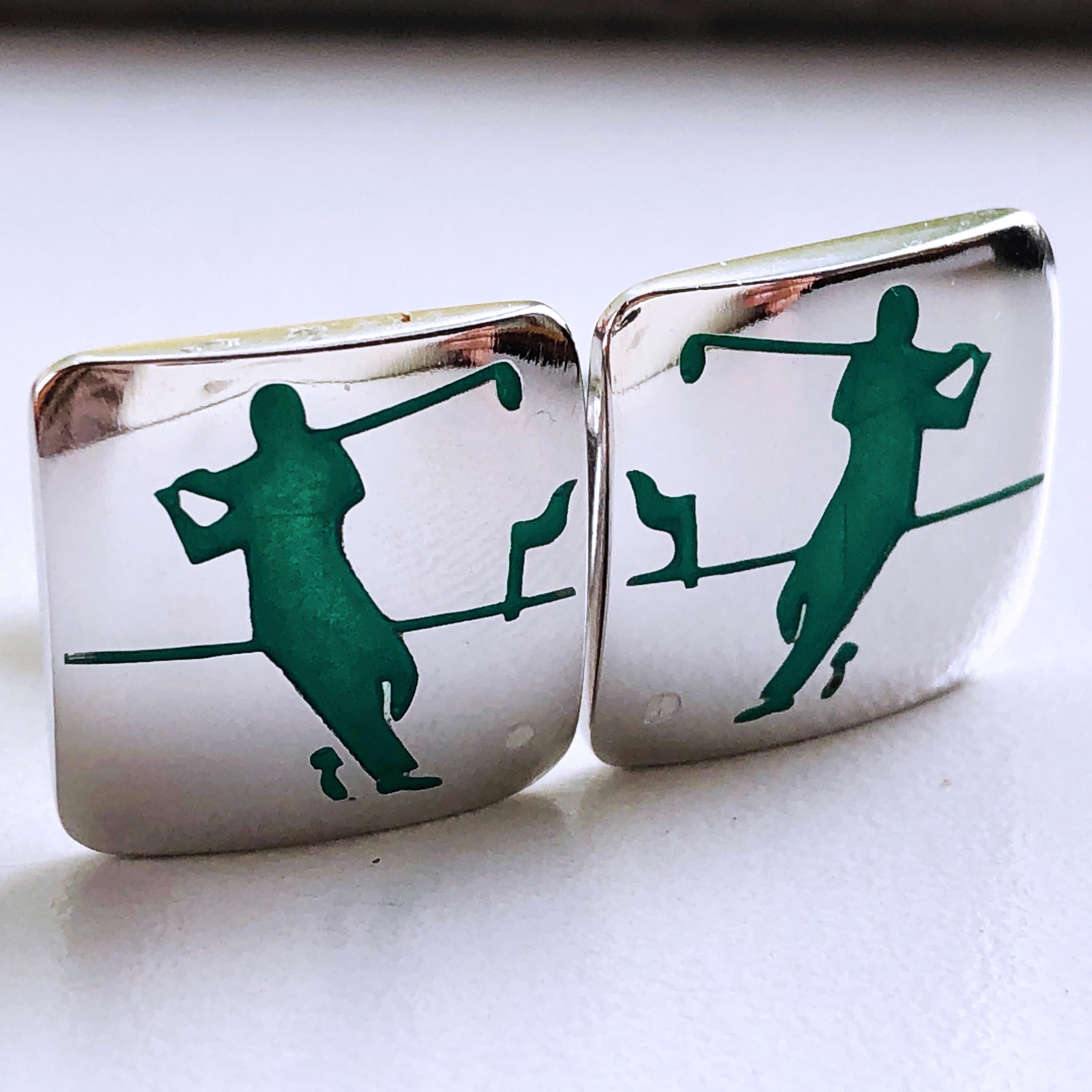 Hand Enameled Green Golf Player White Ball Solid Sterling Silver Cufflinks 4