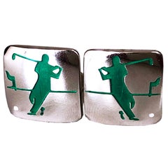 Hand Enameled Green Golf Player White Ball Solid Sterling Silver Cufflinks